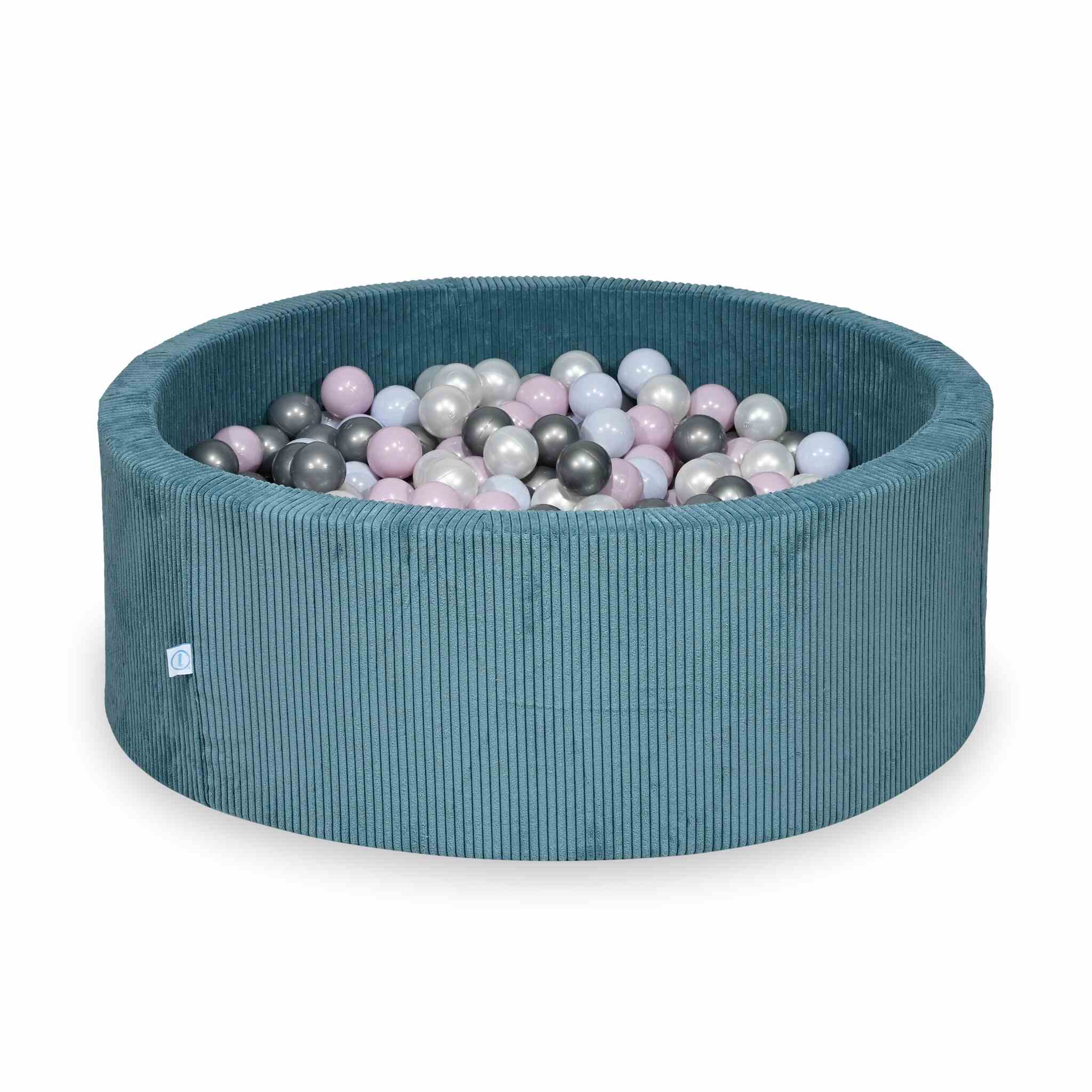 Piscine à balles ronde en velours côtelé bleu, 110x40cm – 500 balls (nacré, argenté, rose clair nacré, bleu ciel nacré)
