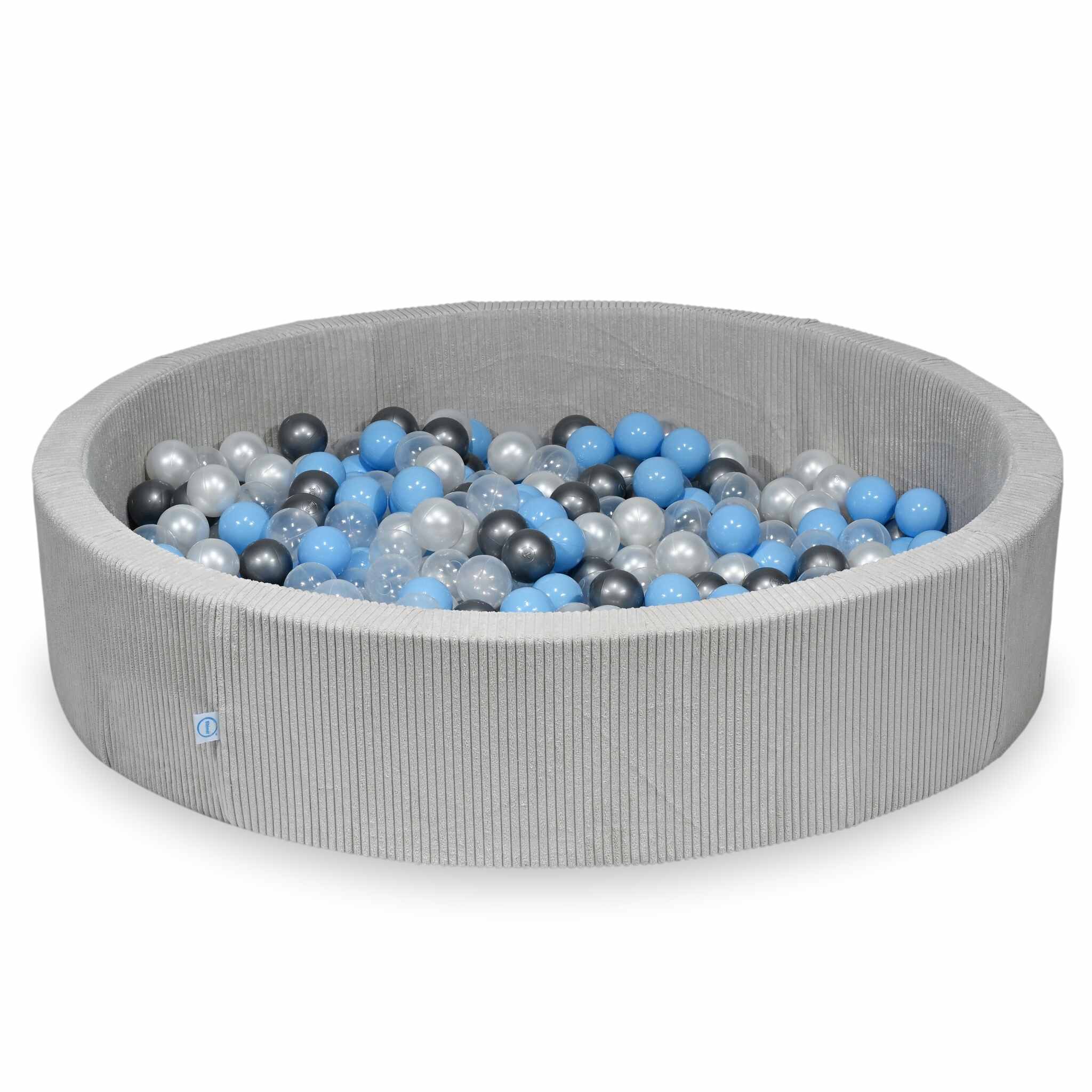 Piscine à balles ronde en velours côtelé gris, 130x30cm – 600 balls (transparent, nacré, argenté,bleu clair)