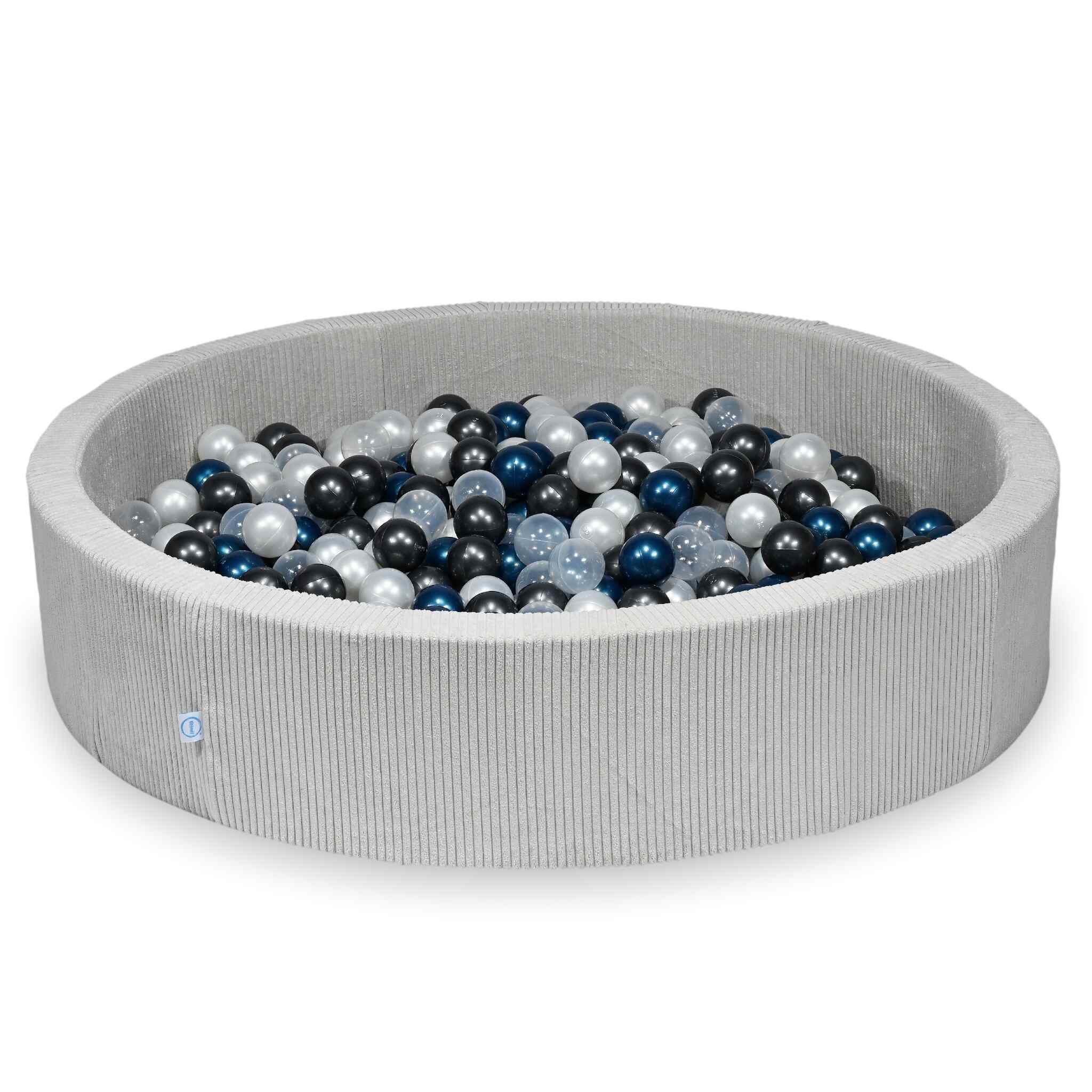 Piscine à balles ronde en velours côtelé gris, 130x30cm – 600 balls (transparent, nacré, graphite métallisé, bleu métallisé)