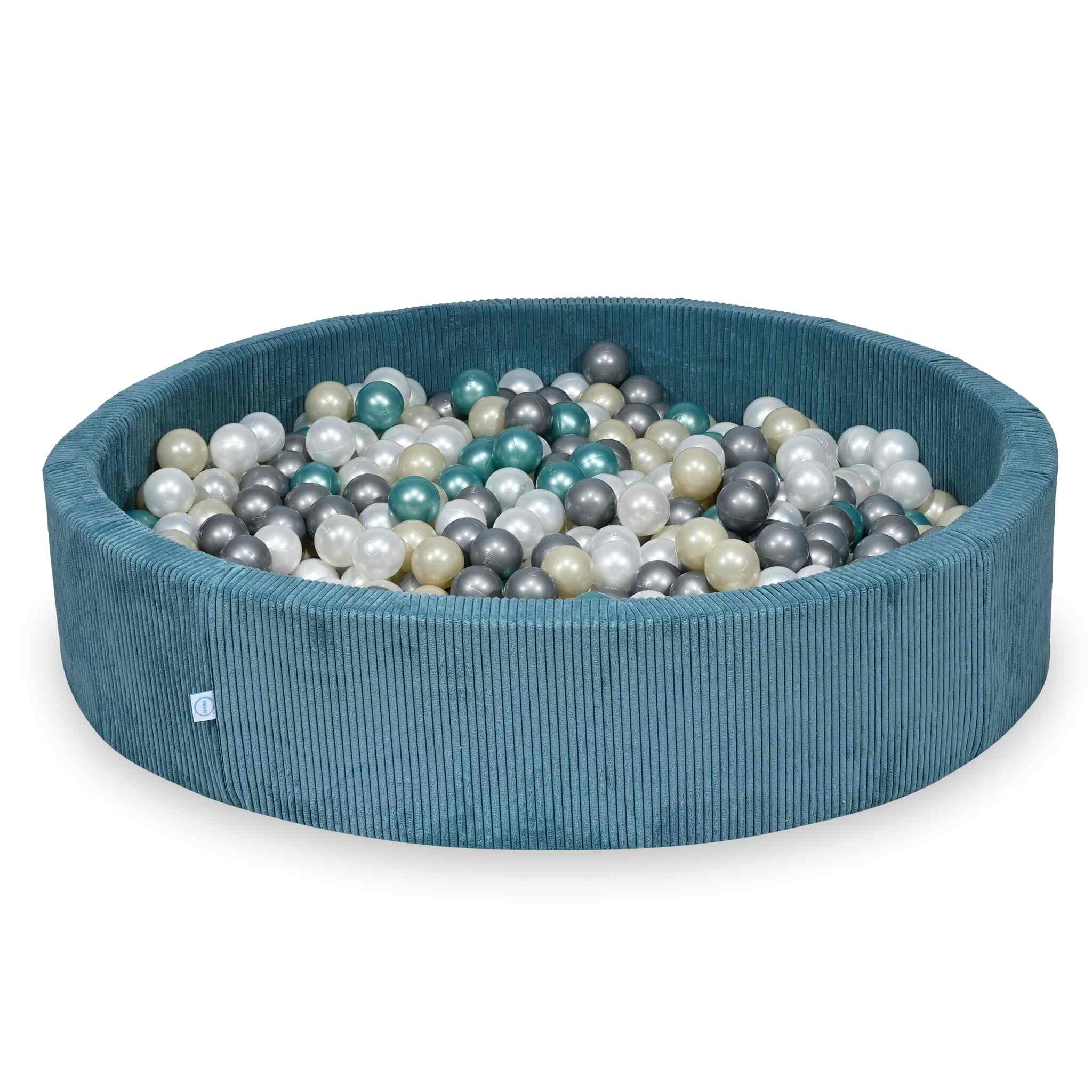 Piscine à balles ronde en velours côtelé bleu, 130x30cm – 600 balls (nacré, argenté, doré clair, turquoise métallisé)