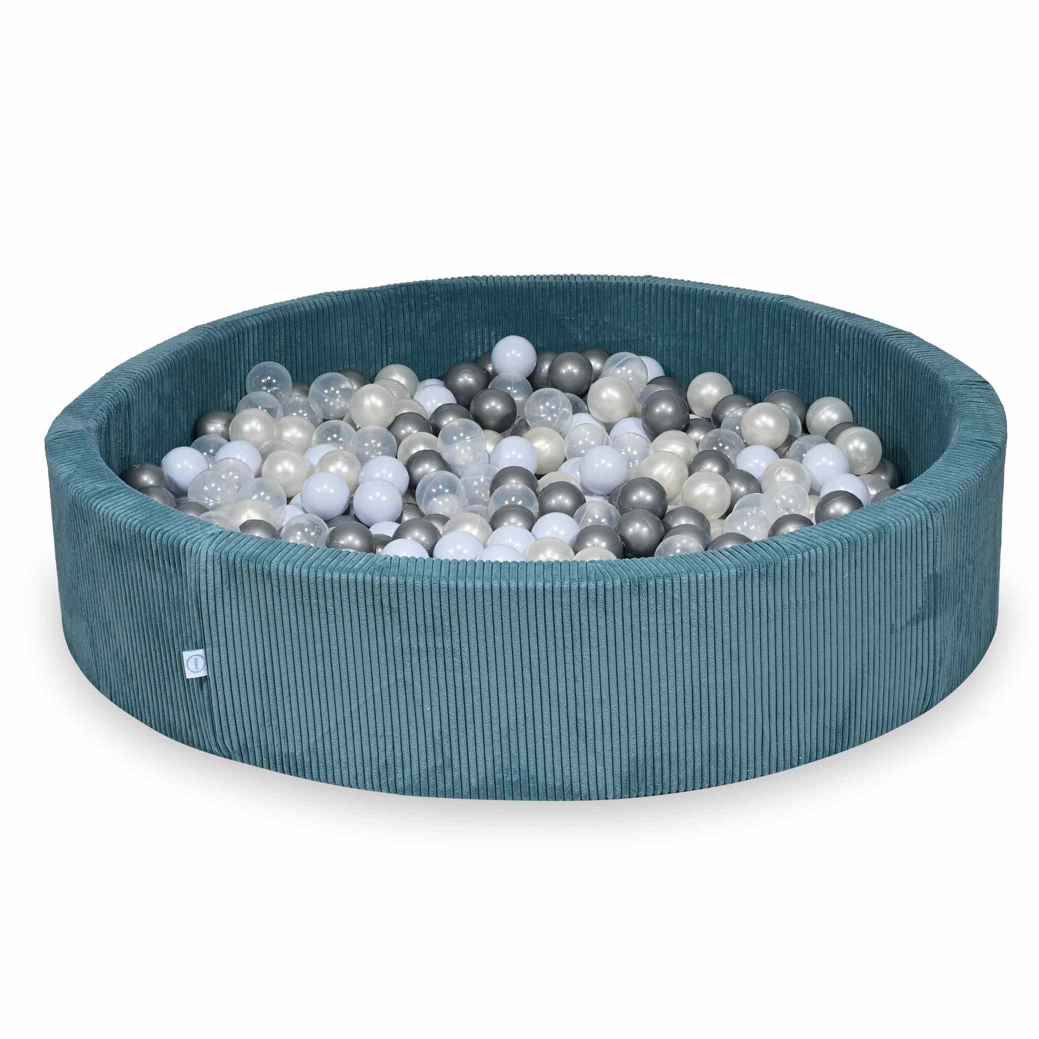 Piscine à balles ronde en velours côtelé bleu, 130x30cm – 600 balls (transparent, argenté, bleu ciel nacré, irisé)