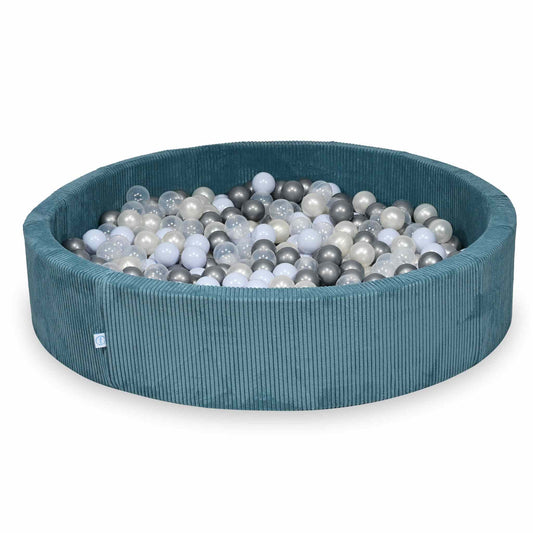 Piscine à balles ronde en velours côtelé bleu, 130x30cm – 600 balls (transparent, argenté, bleu ciel nacré, irisé)