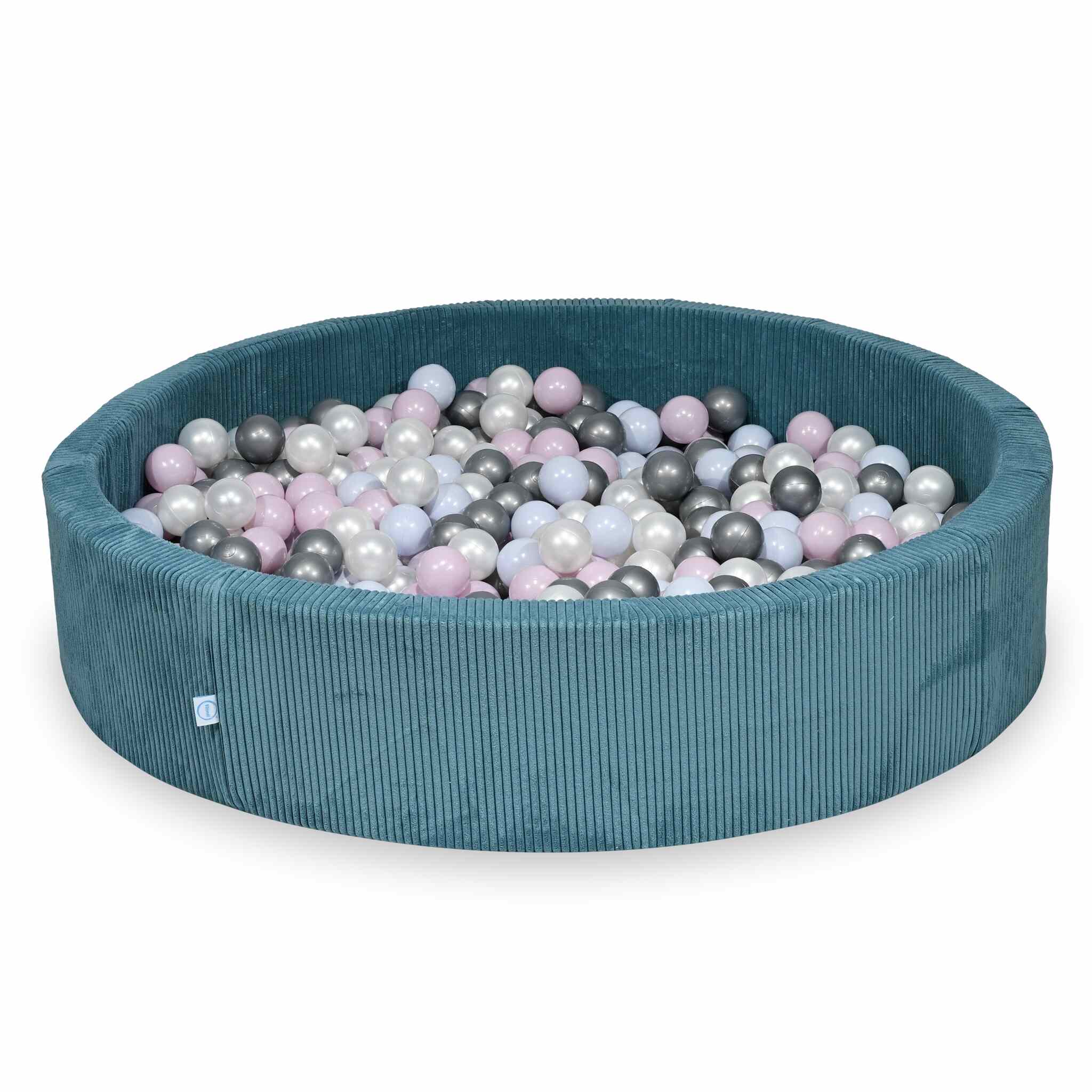 Piscine à balles ronde en velours côtelé bleu, 130x30cm – 600 balls (nacré, argenté, rose clair nacré, bleu ciel nacré)