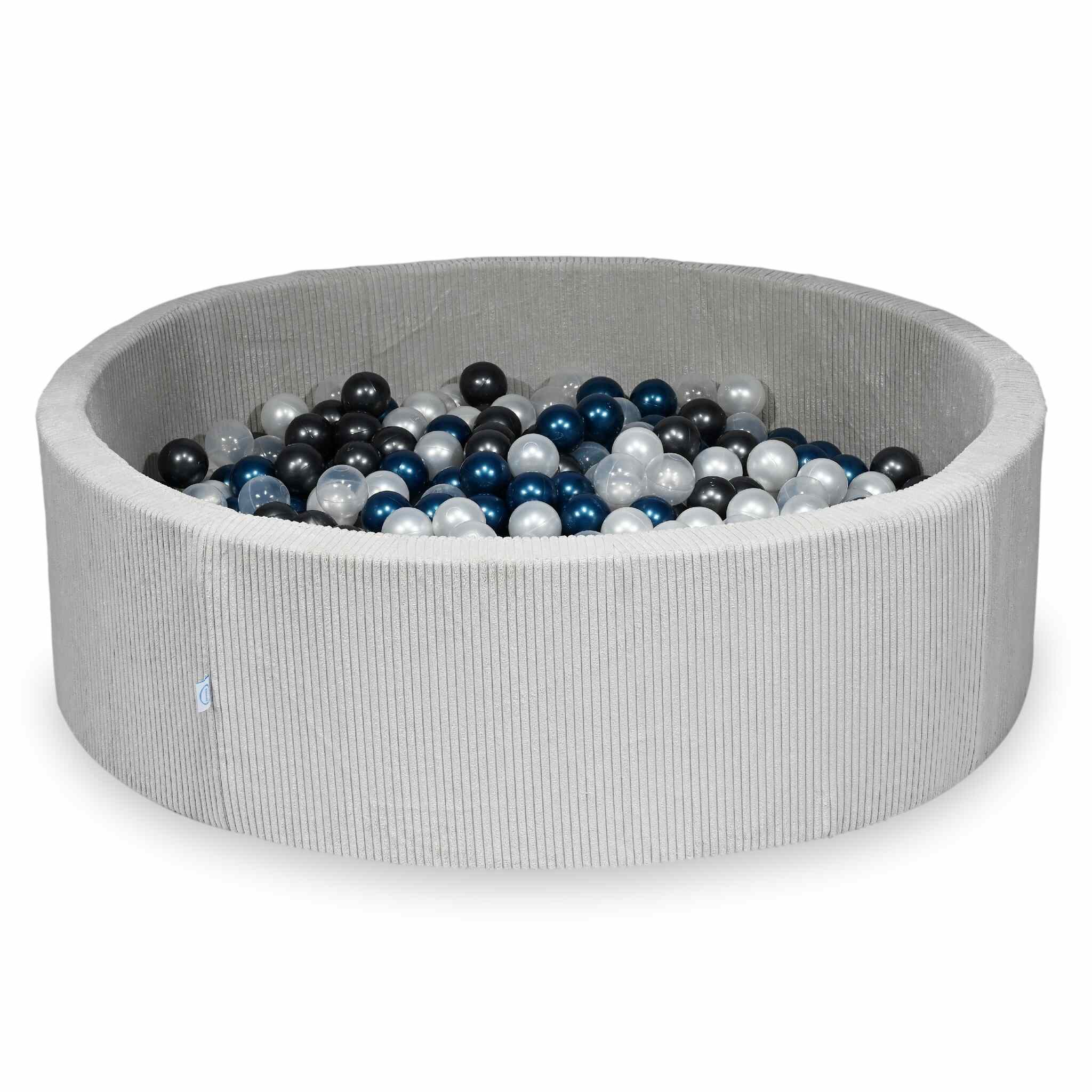 Piscine à balles ronde en velours côtelé gris, 130x40cm – 700 balls (transparent, nacré, graphite métallisé, bleu métallisé)