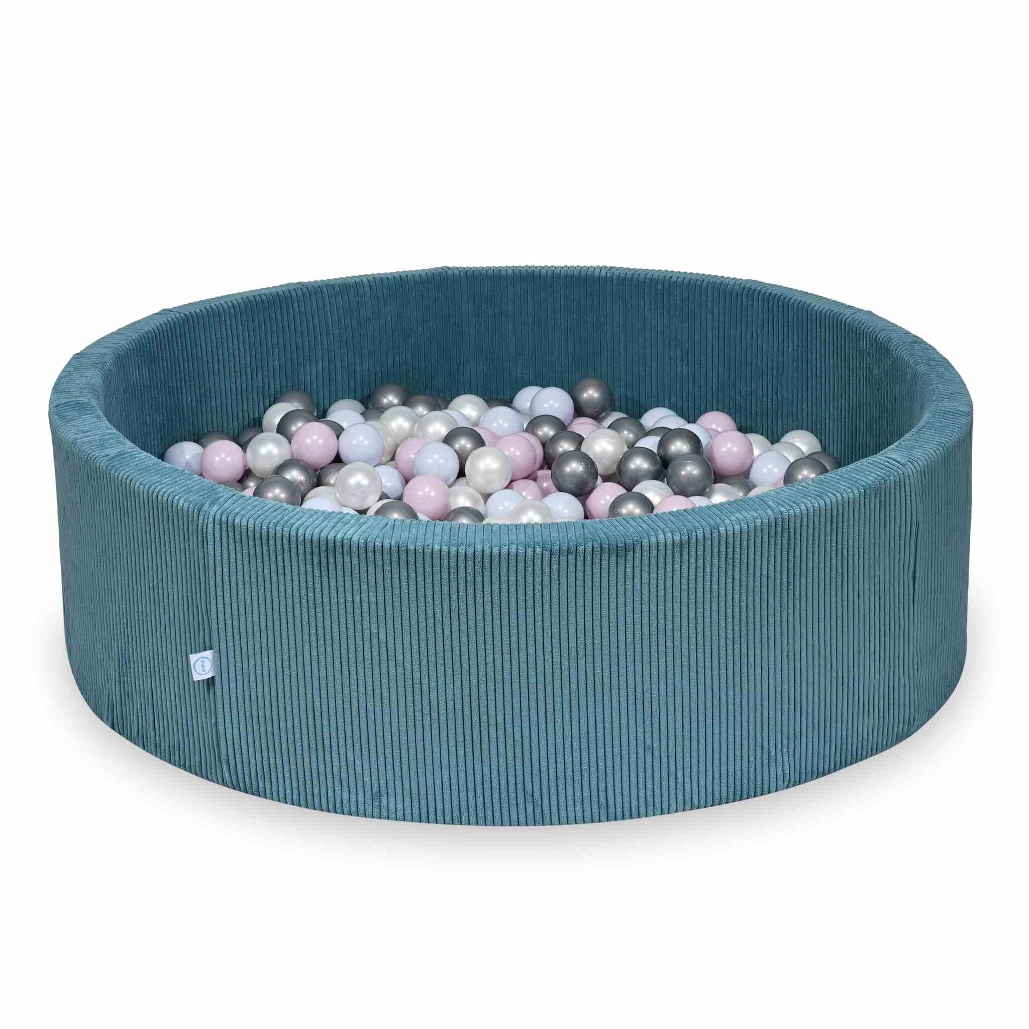 Piscine à balles ronde en velours côtelé bleu, 130x40cm – 700 balls (nacré, argenté, rose clair nacré, bleu ciel nacré)