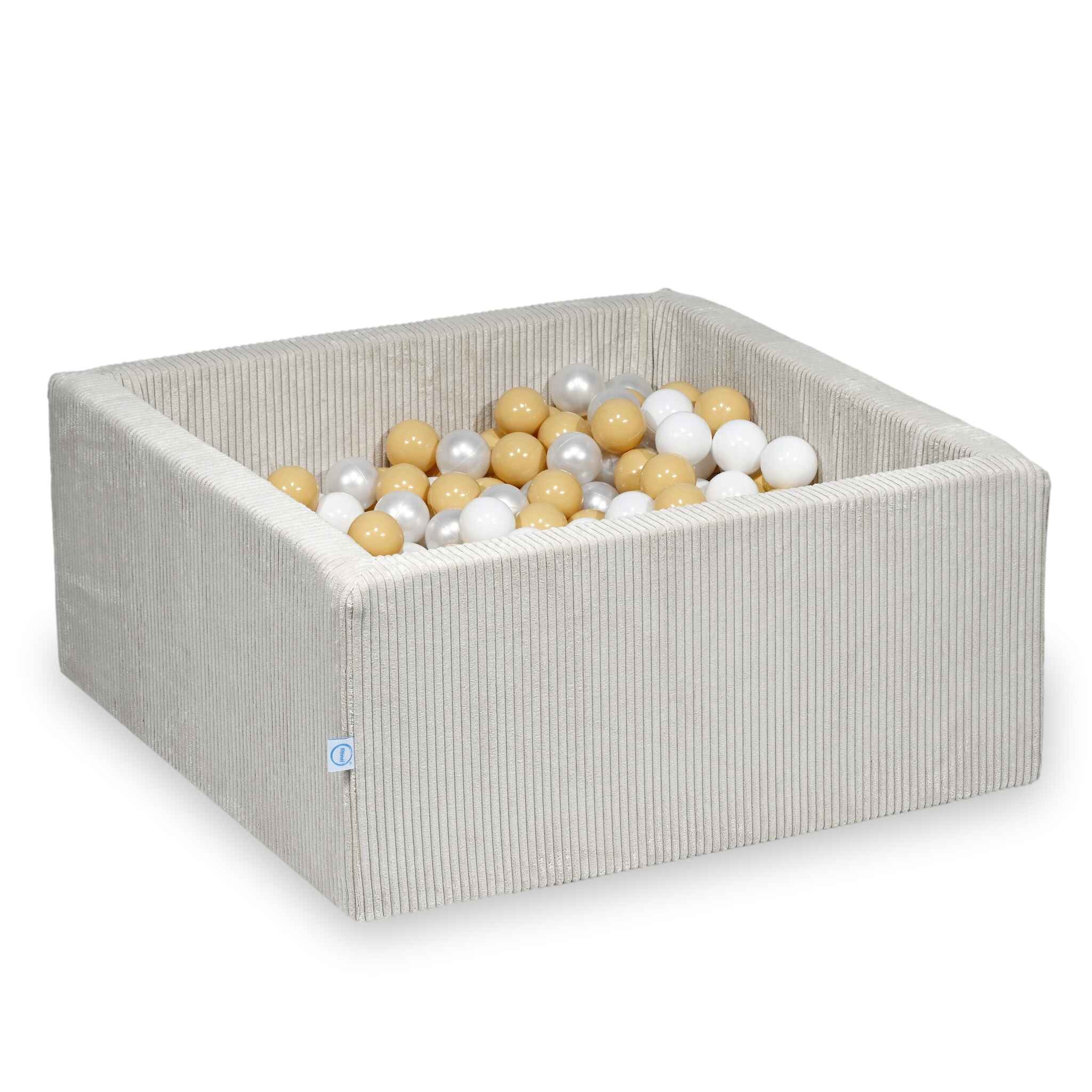 Piscine à balles square en velours côtelé beige, 90x90x40cm – Beige, 400 balls (blanc, nacré, beige)