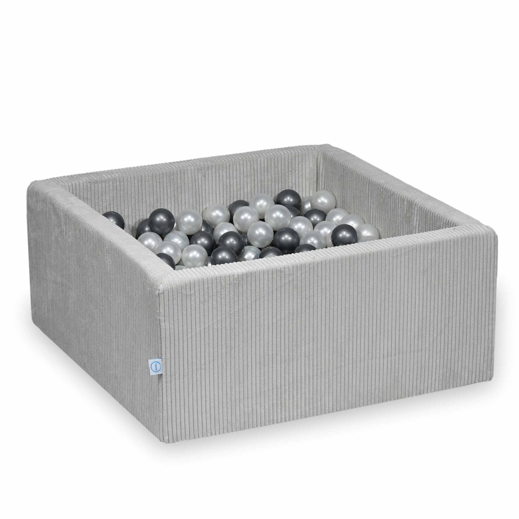 Piscine à balles square en velours côtelé gris, 90x90x40cm – 400 balls (nacré, argenté)