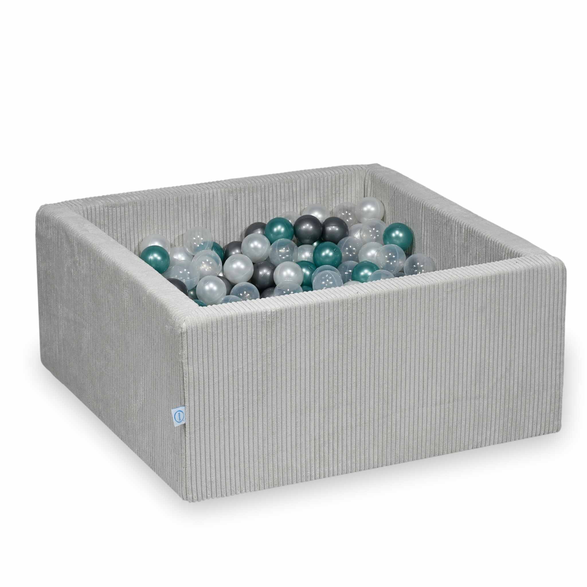 Piscine à balles square en velours côtelé gris, 90x90x40cm – 400 balls (transparent, nacré, argenté, turquoise métallisé)