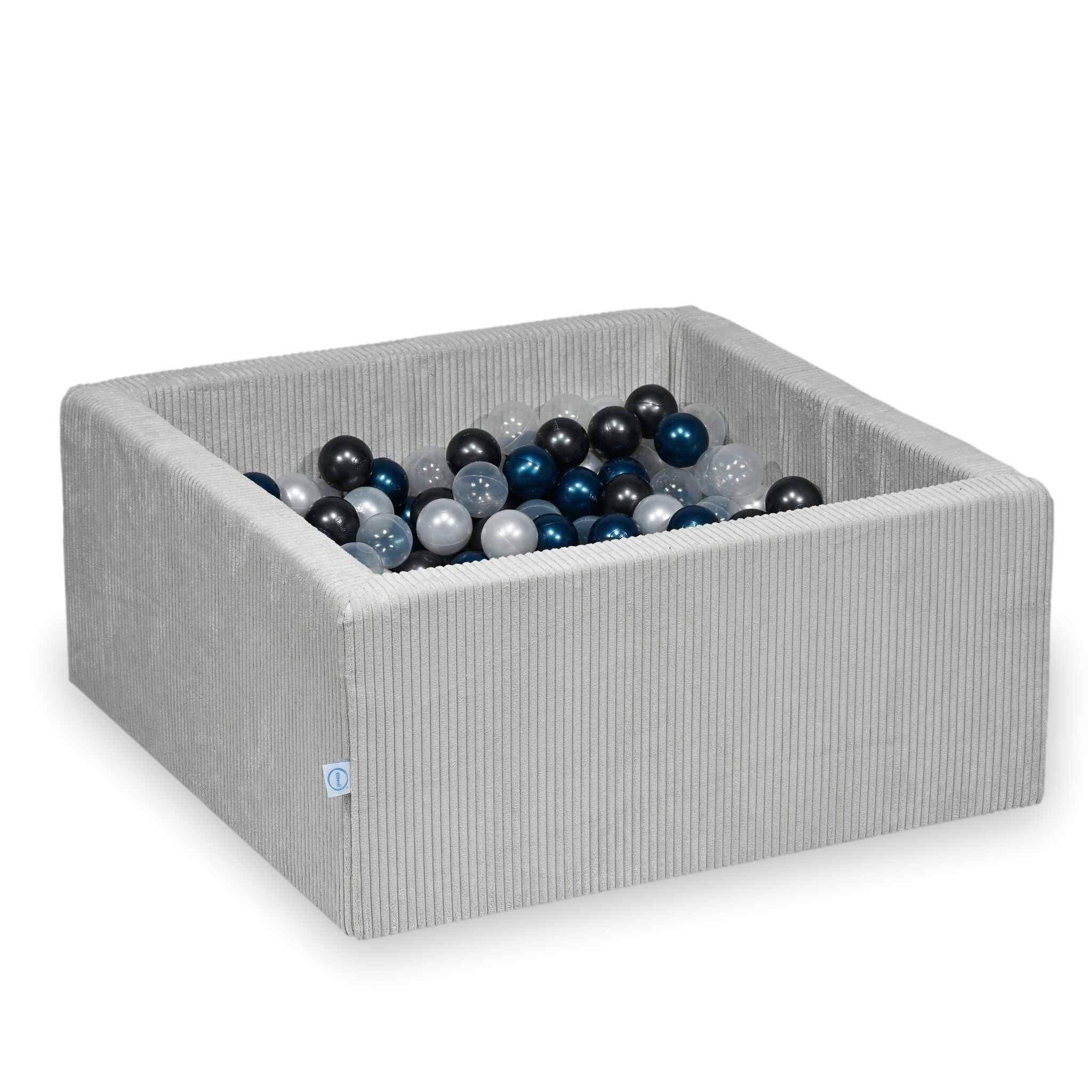 Piscine à balles square en velours côtelé gris, 90x90x40cm – 400 balls (transparent, nacré, graphite métallisé, bleu métallisé)