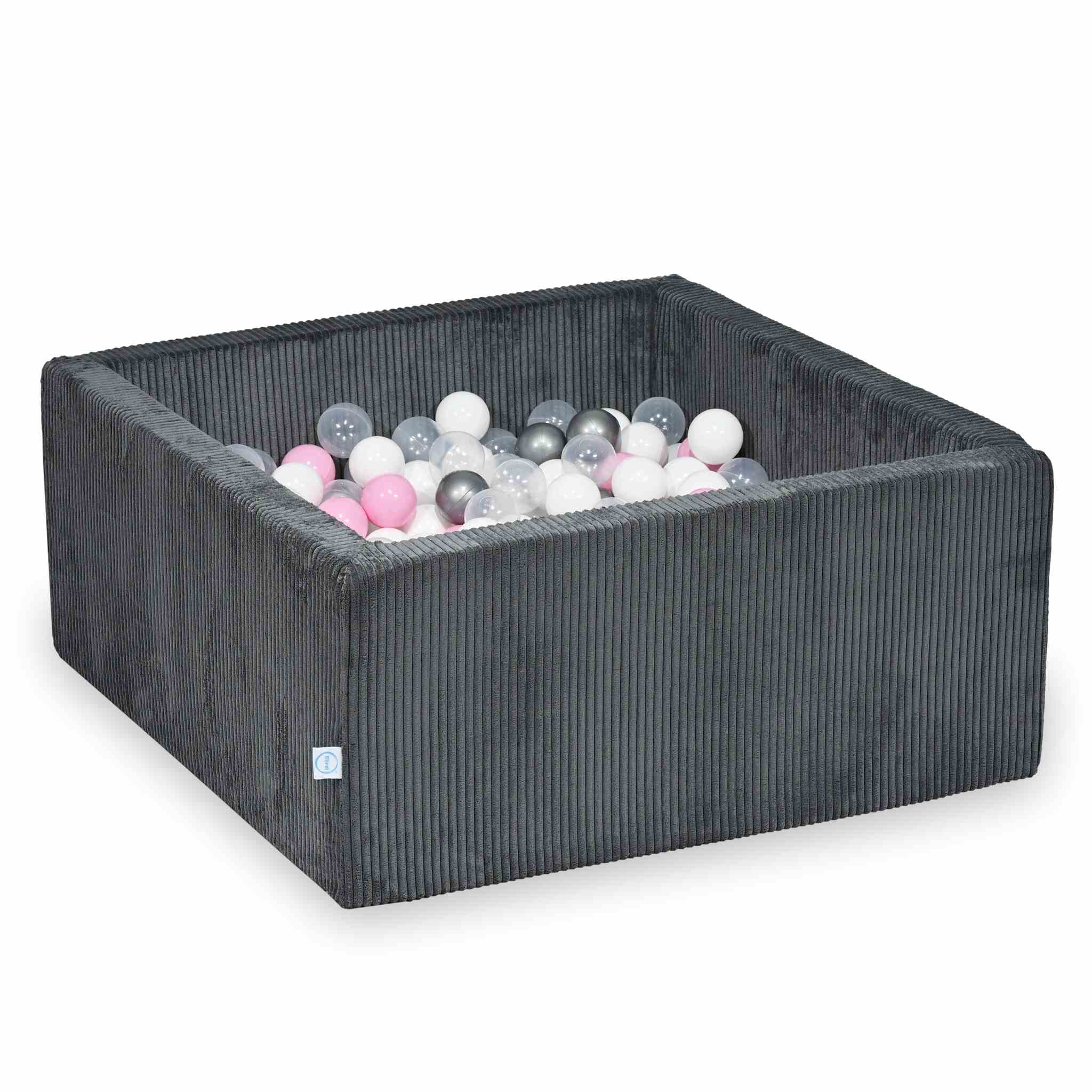 Piscine à balles square en velours côtelé graphite,90x90x40cm – 400 balls (transparent, blanc,argenté, rose poudré)