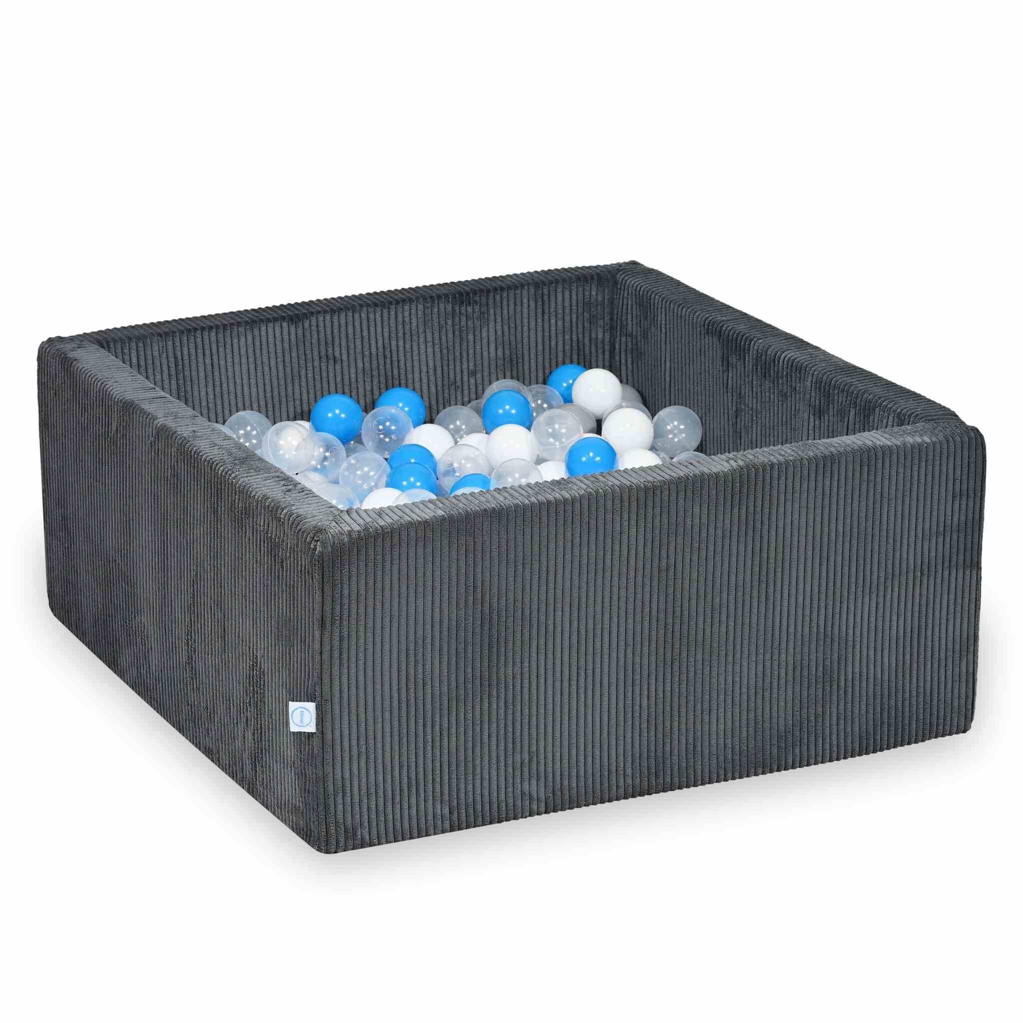 Piscine à balles square en velours côtelé graphite, 90x90x40cm – 400 balls (transparent, blanc,gris, bleu ciel)