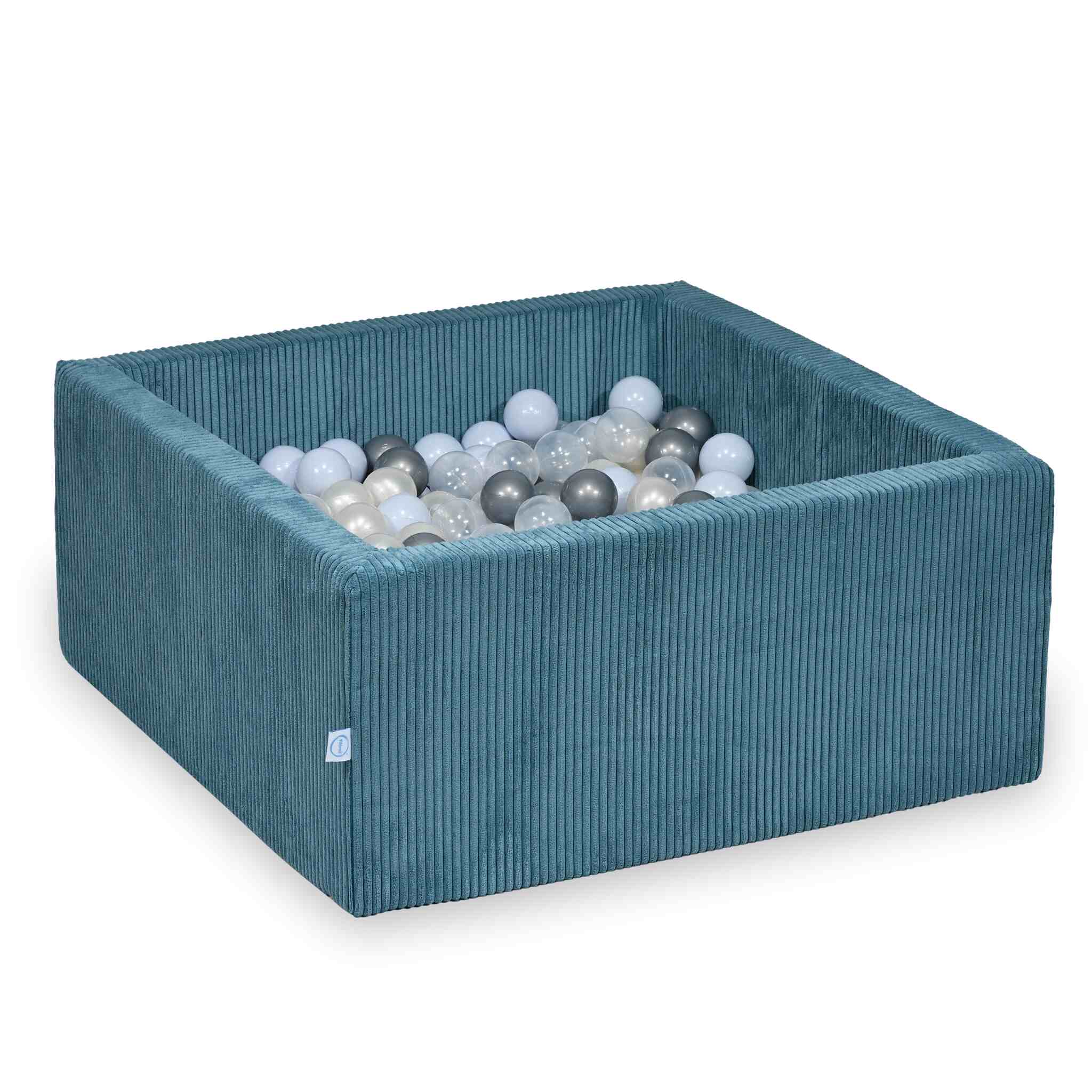 Piscine à balles square en velours côtelé bleu, 90x90x40cm – 400 balls (transparent, argenté, bleu ciel nacré, irisé)