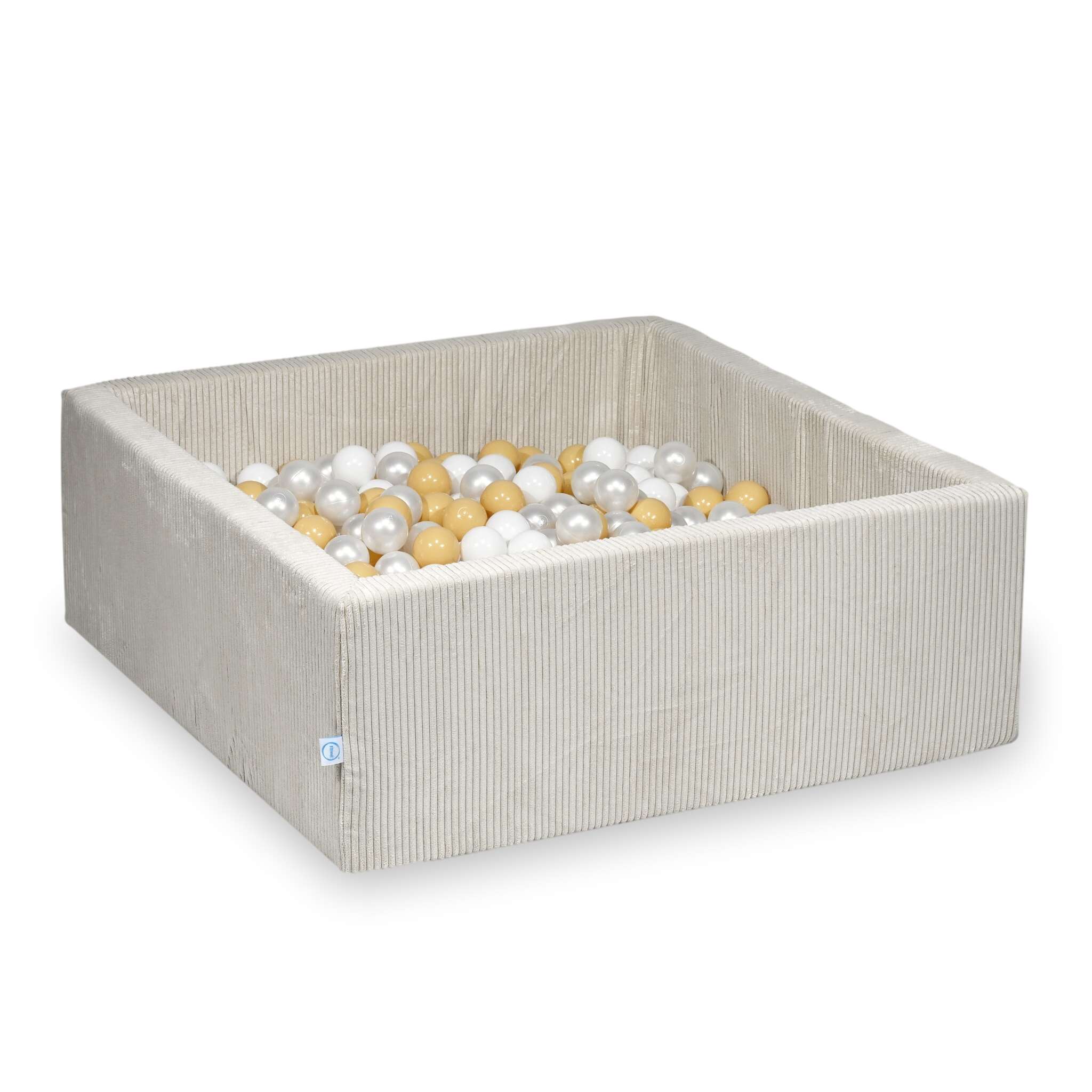 Piscine à balles square en velours côtelé beige, 110x110x40cm – Beige, 600 balls (blanc, nacré, beige)