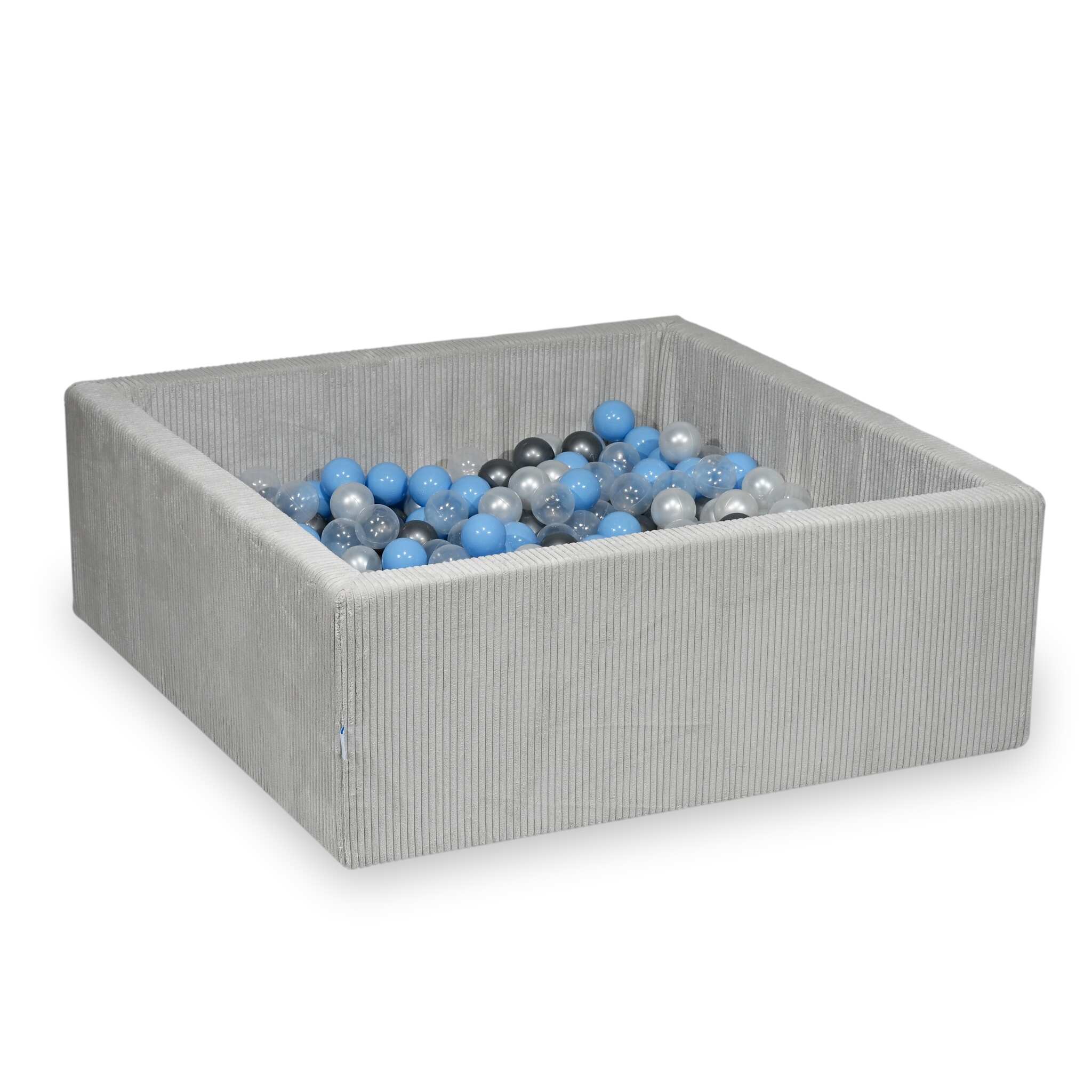 Piscine à balles square en velours côtelé gris, 110x110x40cm – 600 balls (transparent, nacré, argenté,bleu clair)