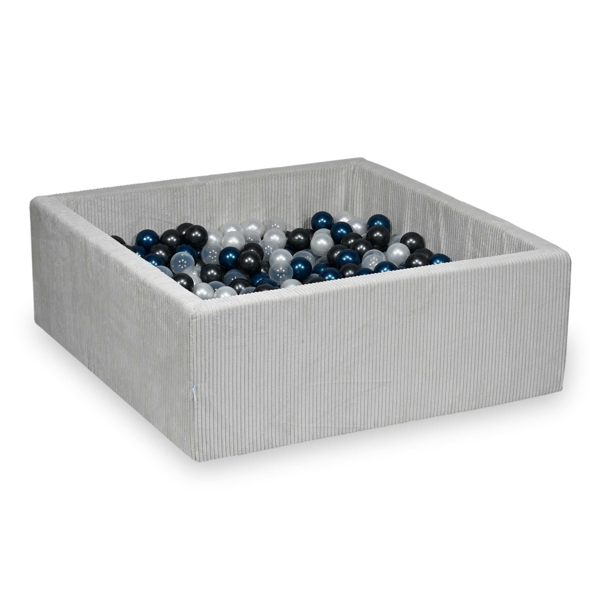 Piscine à balles square en velours côtelé gris, 110x110x40cm – 600 balls (transparent, nacré, graphite métallisé, bleu métallisé)