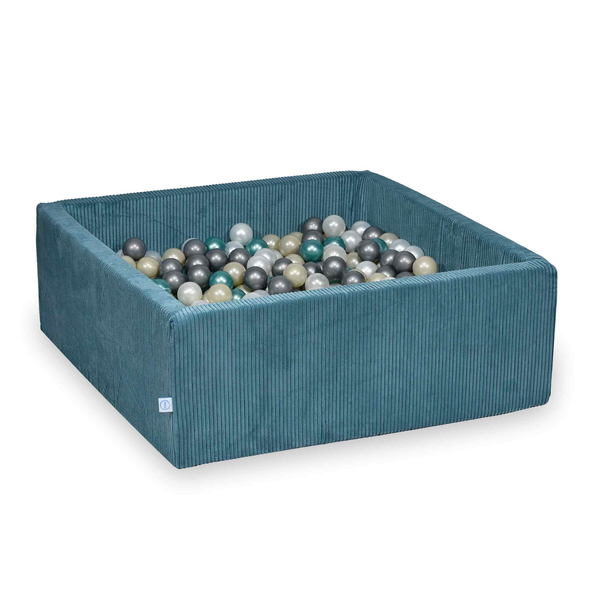 Piscine à balles square en velours côtelé bleu, 110x110x40cm – 600 balls (nacré, argenté, doré clair, turquoise métallisé)