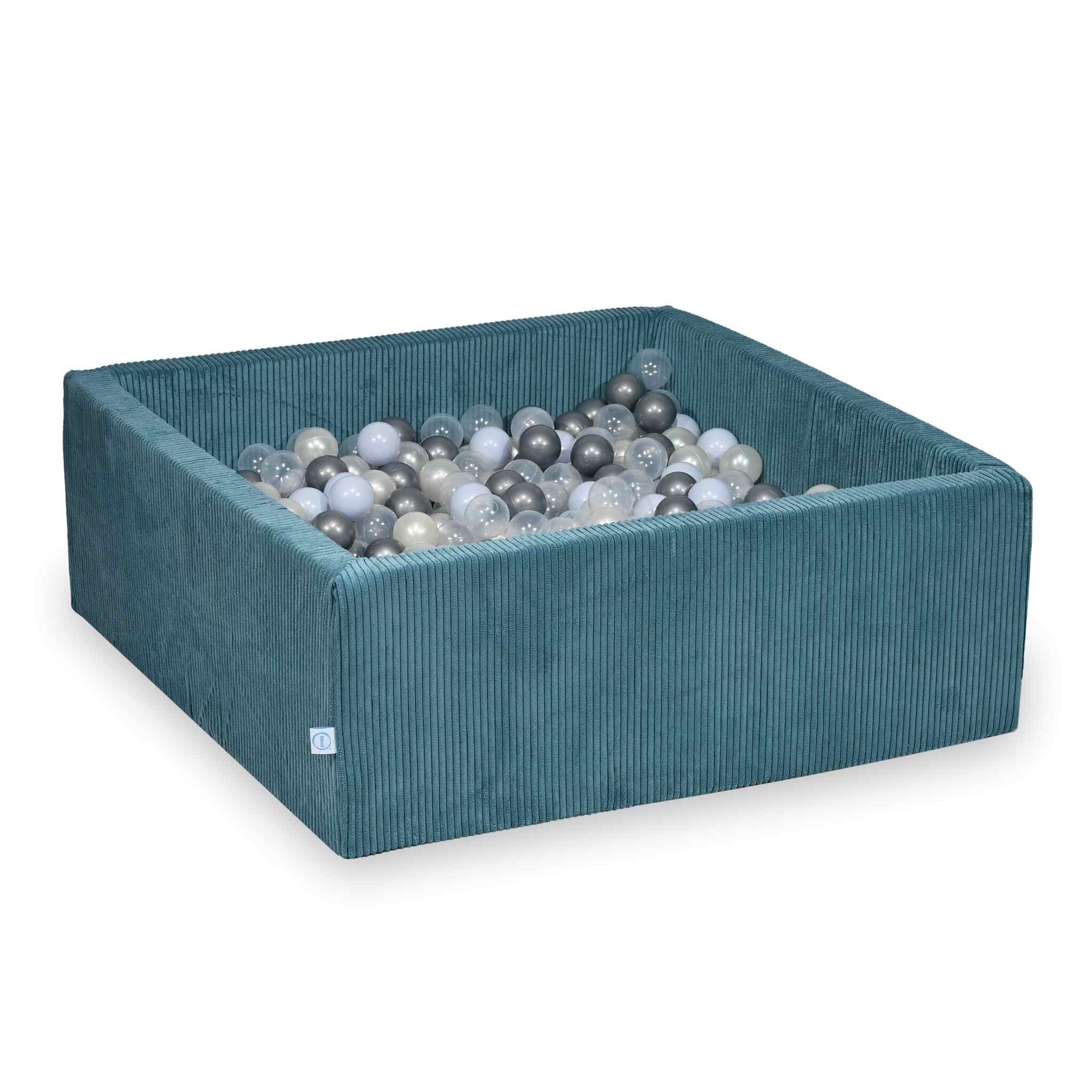 Piscine à balles square en velours côtelé bleu, 110x110x40cm – 600 balls (transparent, argenté, bleu ciel nacré, irisé)