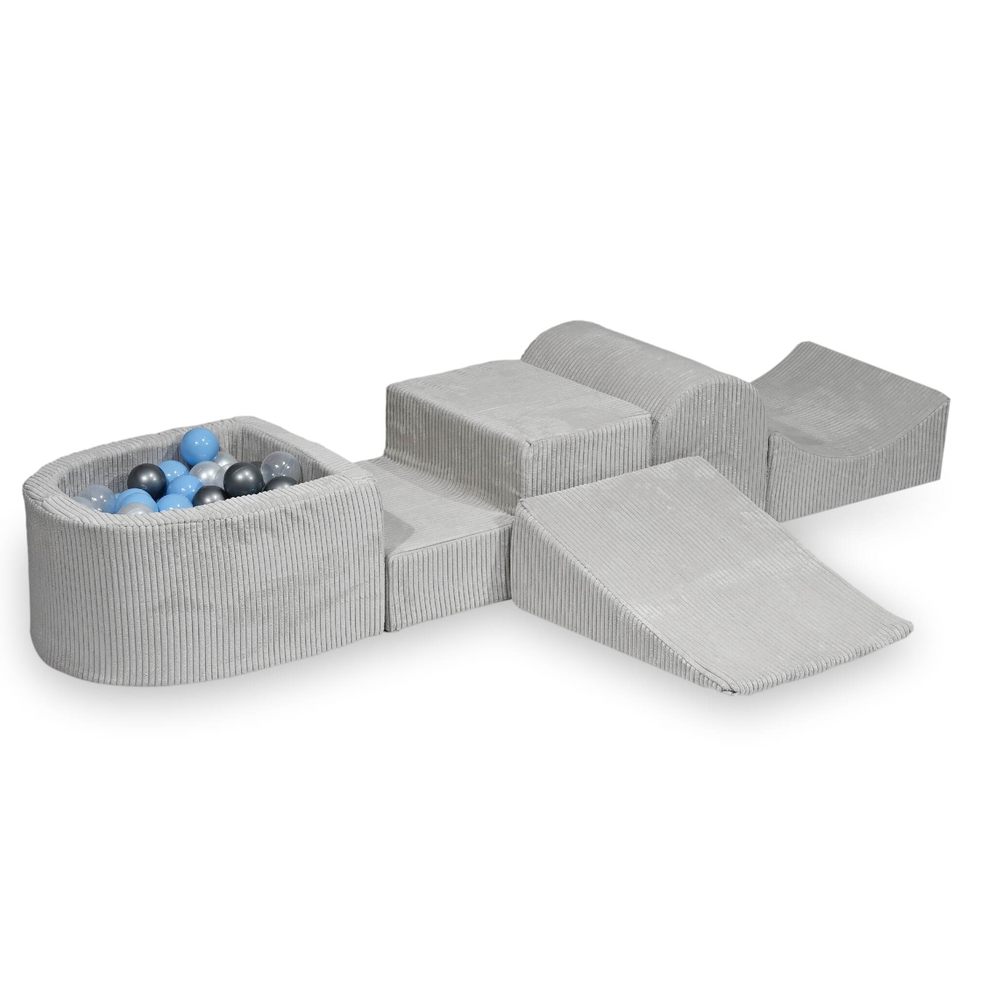 Aire de jeux en mousse avec colline et piscine micro côtelé gris + 100 balles