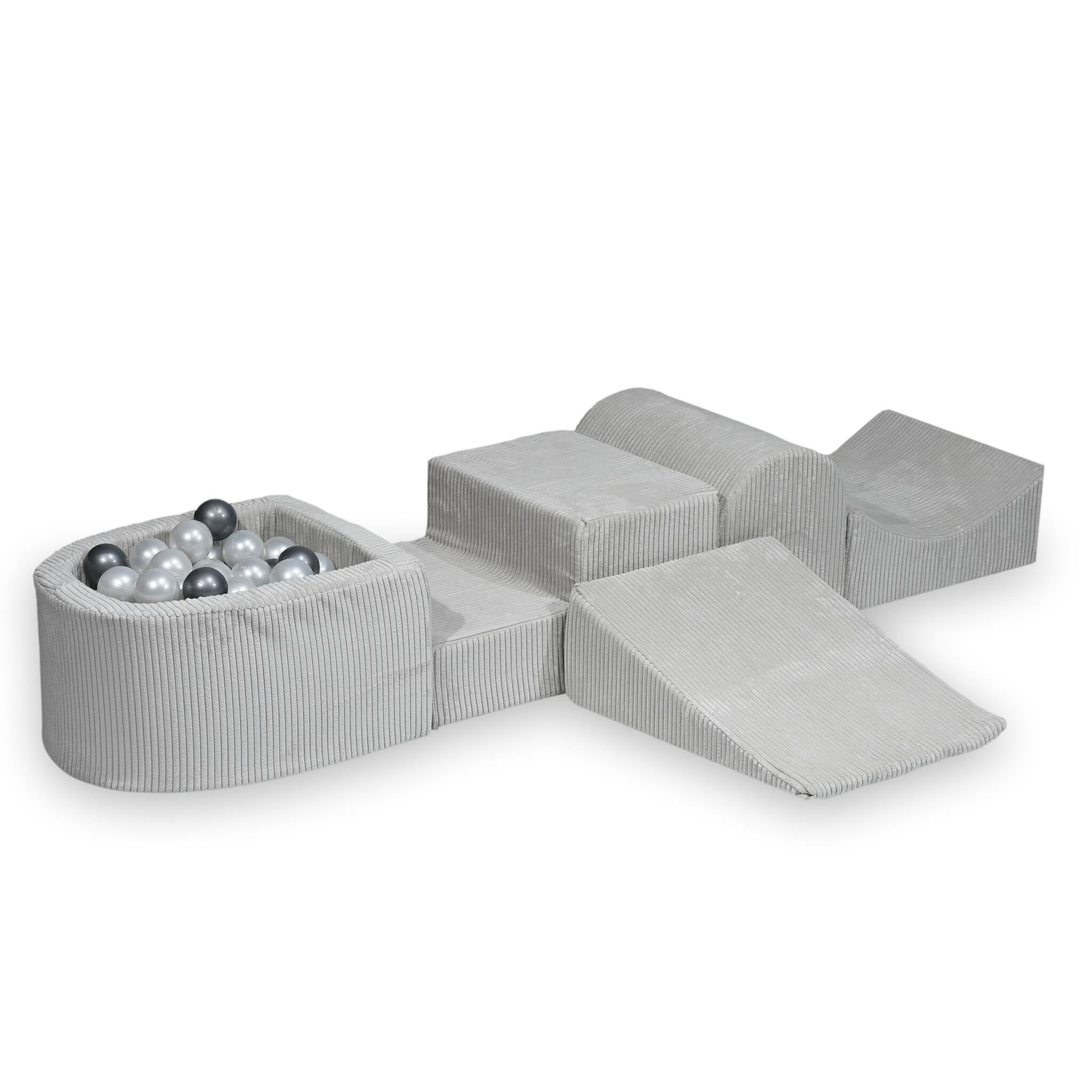 Aire de jeux en mousse avec colline et piscine micro côtelé gris + 100 balles