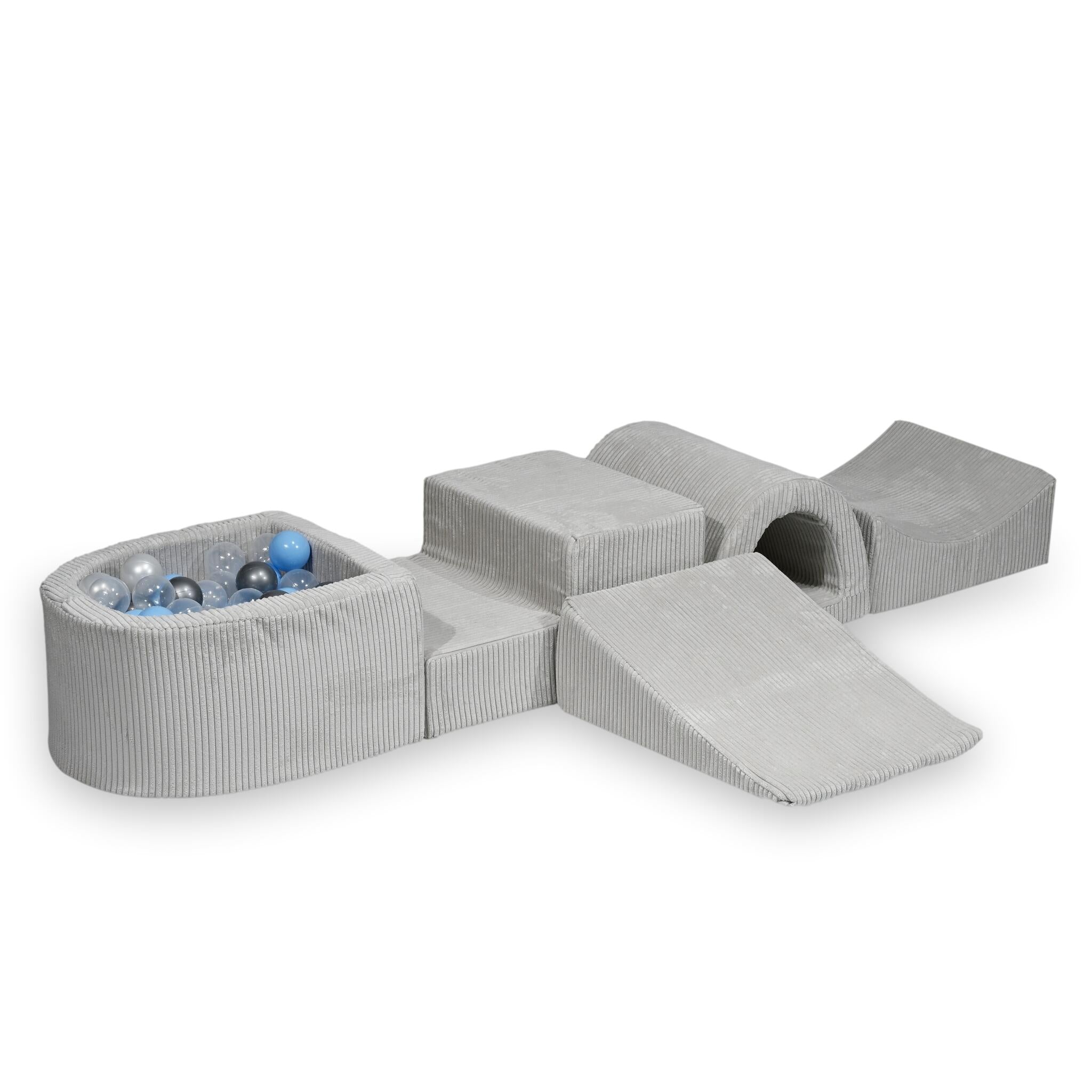 Aire de jeux en mousse avec pont et piscine micro côtelé gris + 100 balles