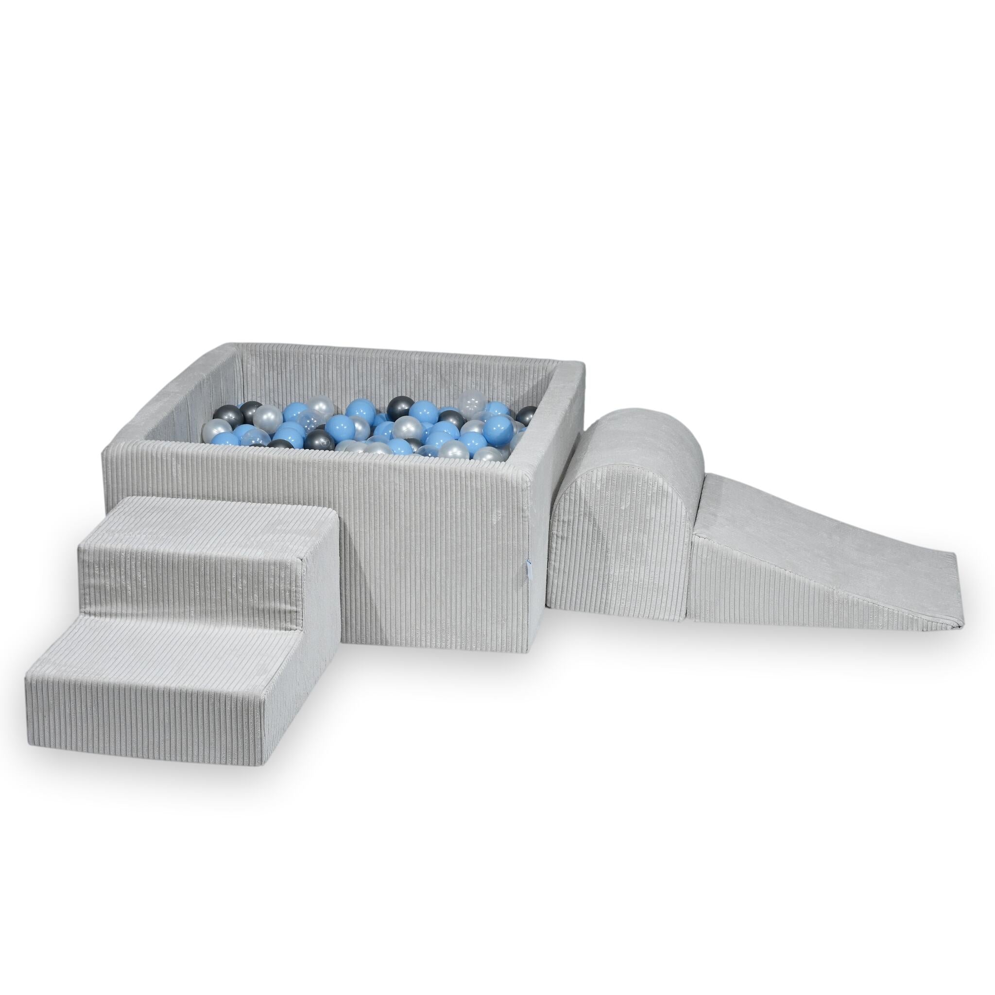 Aire de jeux en mousse avec piscine à balles carrée set de jeu enfant 90x90x40 côtelé gris + 400 balles