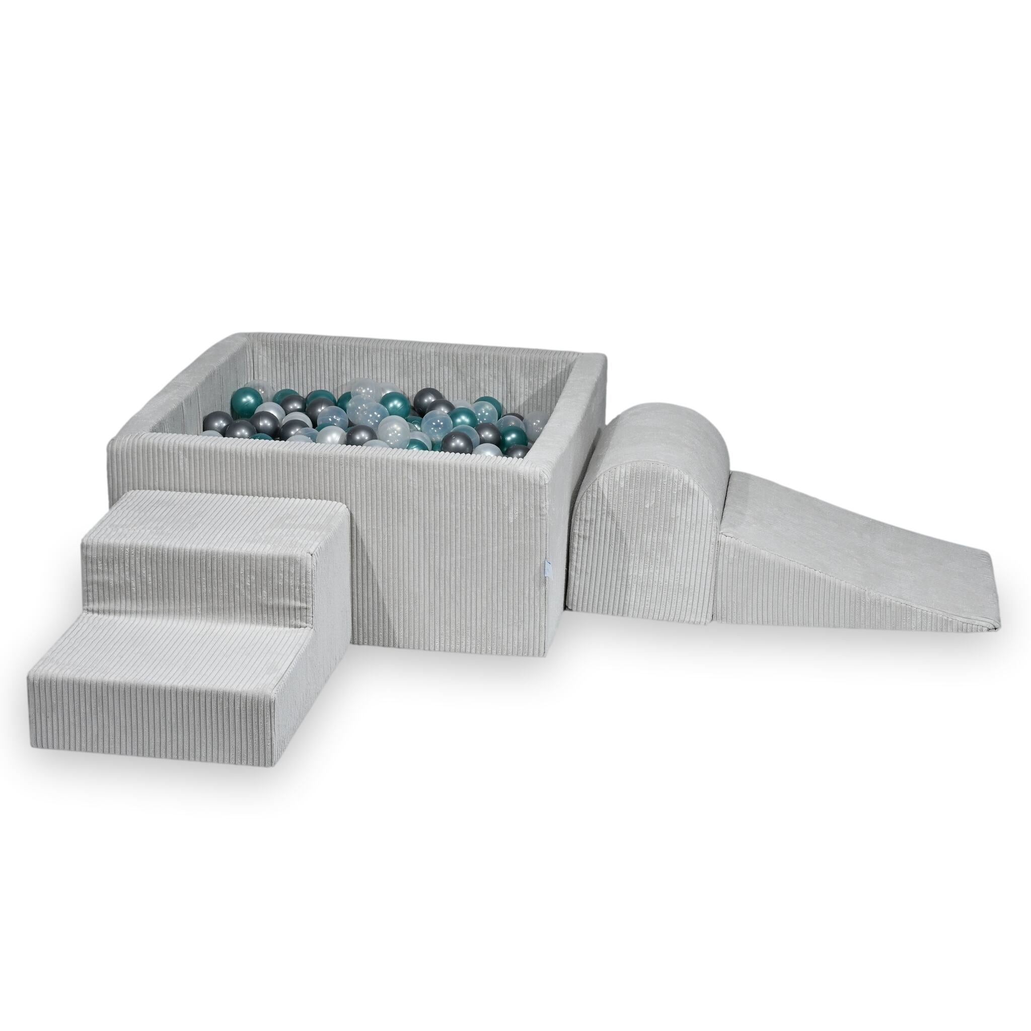 Aire de jeux en mousse avec piscine à balles carrée set de jeu enfant 90x90x40 côtelé gris + 400 balles