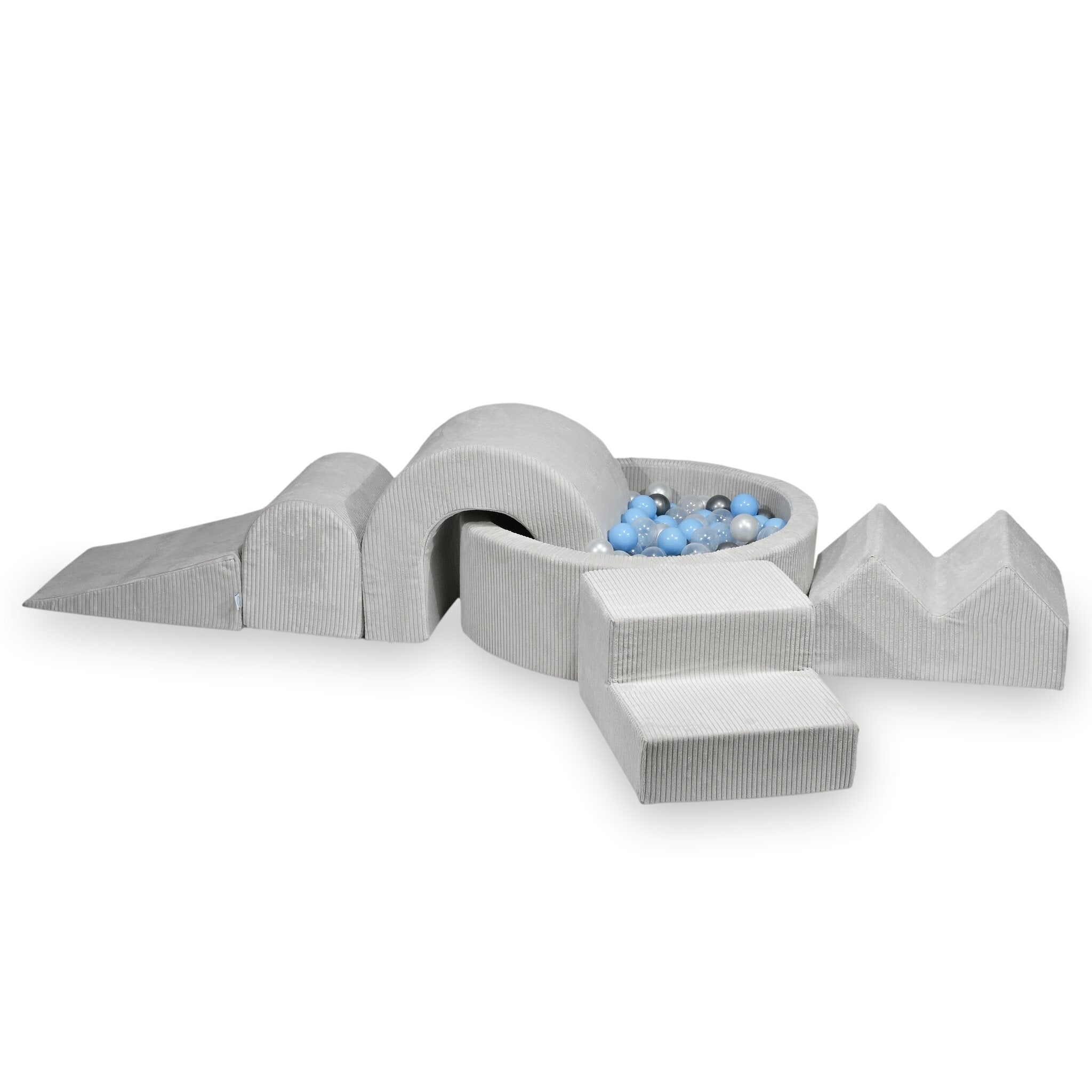 Aire de jeux en mousse avec piscine ronde 90x30 côtelé gris + 5 éléments + 200 balles