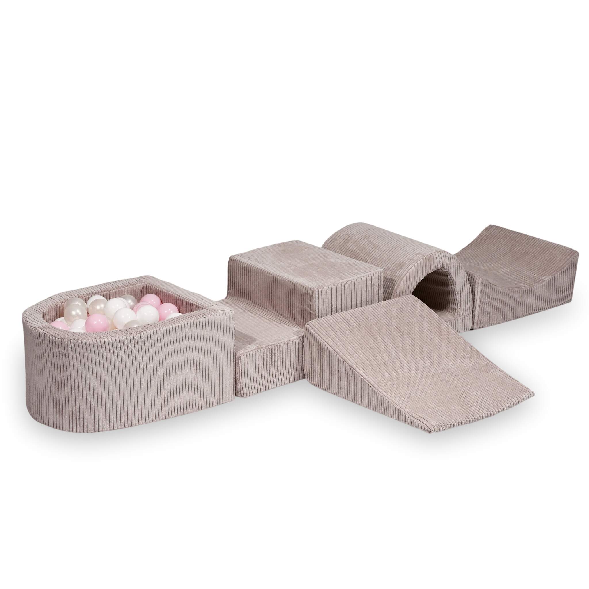 Aire de jeux en mousse avec pont et piscine micro côtelé rose clair + 100 balles