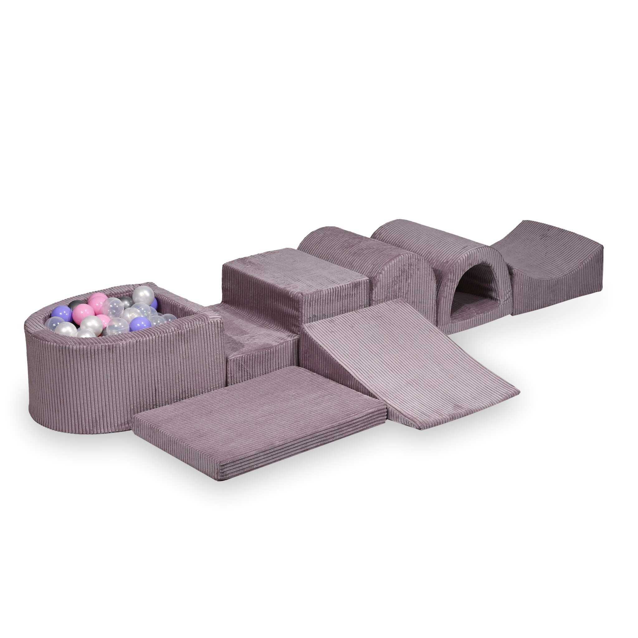 Plus grande aire de jeux en mousse avec piscine micro côtelé lavende + 100 balles