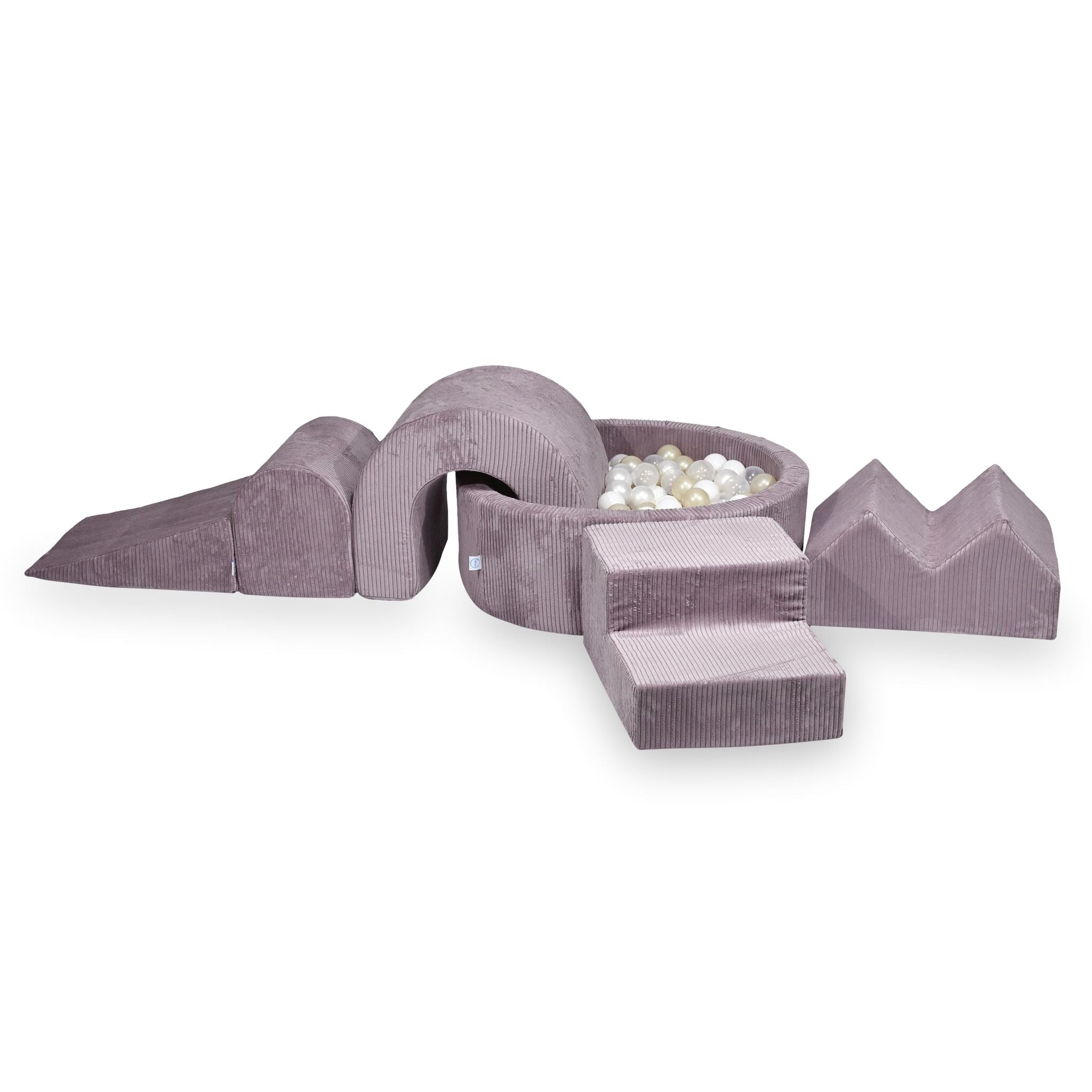 Aire de jeux en mousse avec piscine ronde 90x30 côtelé lavende + 5 éléments + 200 balles