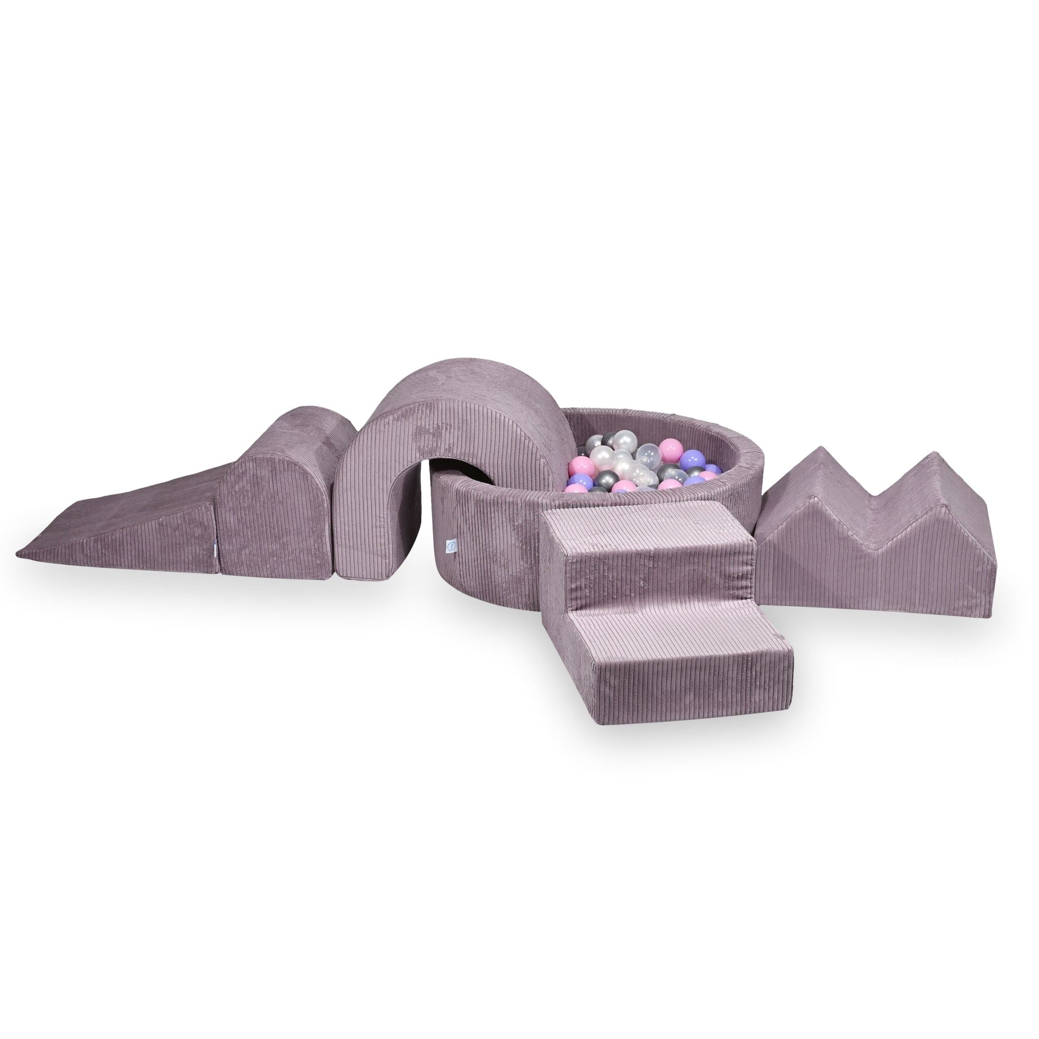 Aire de jeux en mousse avec piscine ronde 90x30 côtelé lavende + 5 éléments + 200 balles