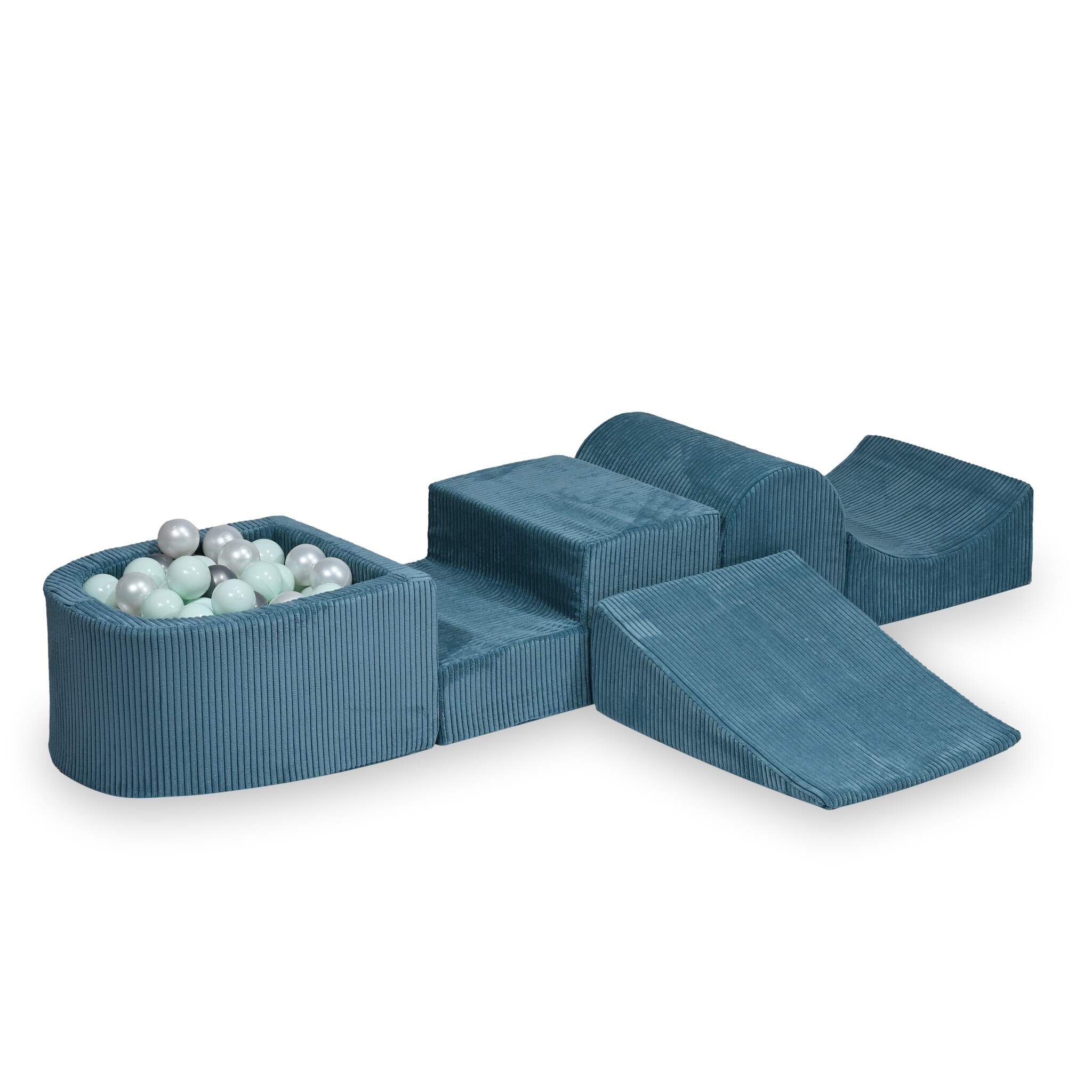 Aire de jeux en mousse avec colline et piscine micro côtelé bleu + 100 balles