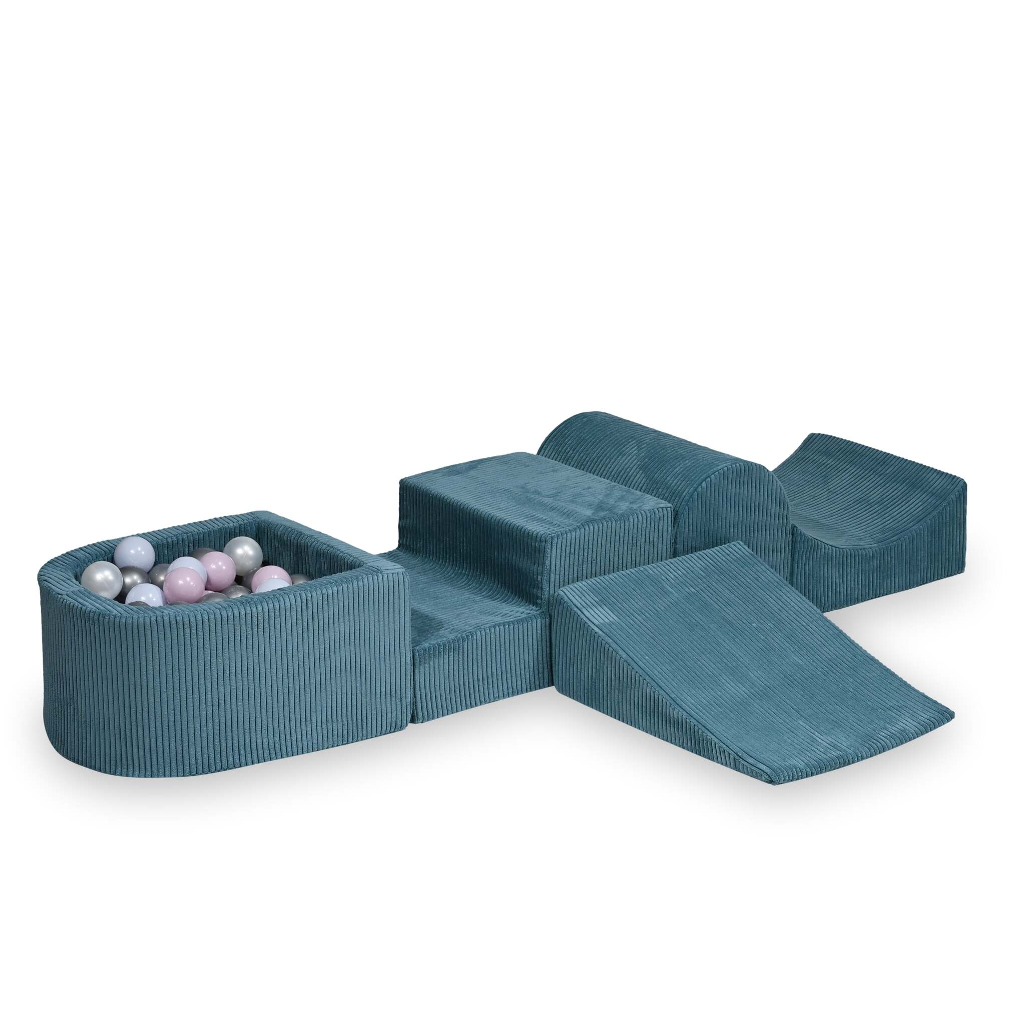 Aire de jeux en mousse avec colline et piscine micro côtelé bleu + 100 balles