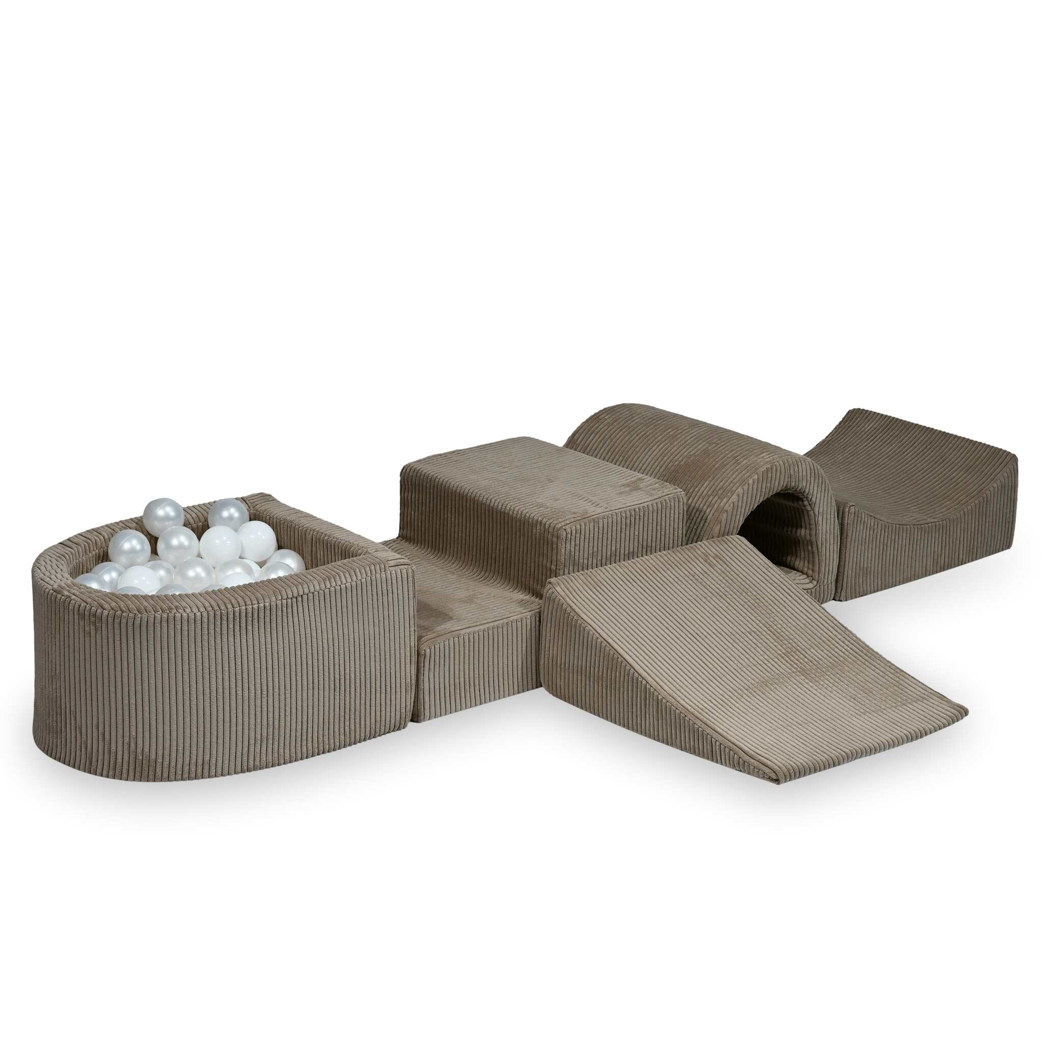 Aire de jeux en mousse avec pont et piscine micro côtelé toffee + 100 balles