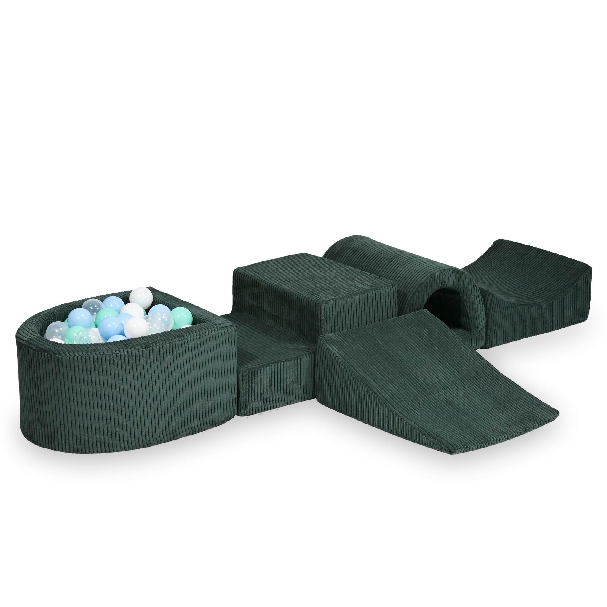 Aire de jeux en mousse avec pont et piscine micro côtelé vert + 100 balles