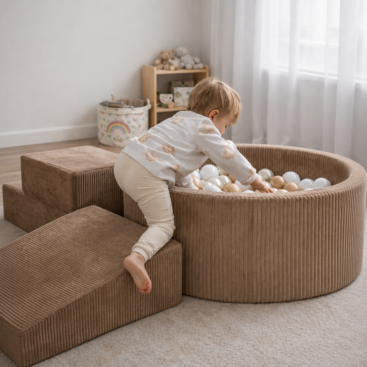 Aire de jeux en mousse avec piscine ronde 90x30 velours côtelé toffee +200 balles