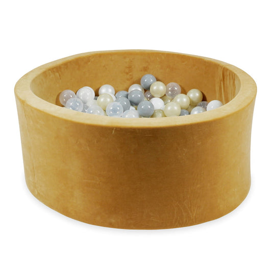 Mimii-Piscine-à Balles-90x40-Velvet-Soft-Carmel-avec-boules-300-pcs-transparent-blanc-perle-gris-or-clair