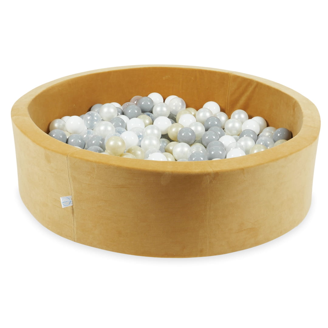 Mimii-Piscine-à Balles-110x30-Velvet-Soft-Carmel-avec-boules-400-pcs-transparent-blanc-perle-gris-or-clair