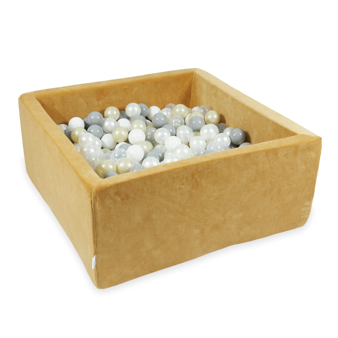Mimii-Piscine-à Balles-90x90x40-Velvet-Soft-Carmel-avec-boules-400-pcs-transparent-blanc-perle.-gris-or-clair