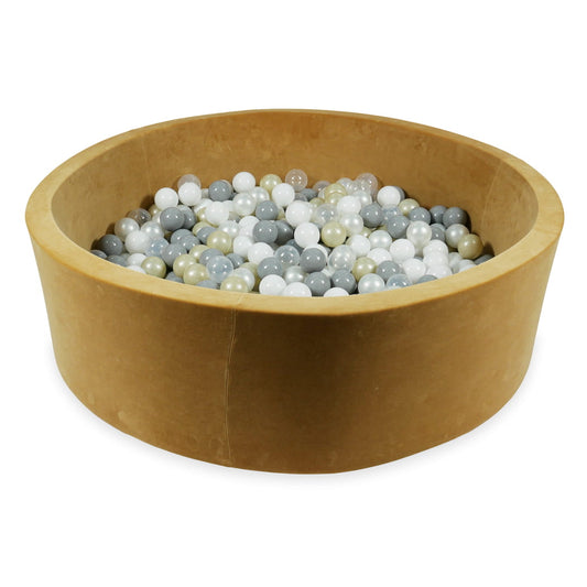 Mimii-Piscine-à Balles-130x40-Velvet-Soft-Carmel-avec-boules-700-pcs-transparent-blanc-perle-gris-or-clair