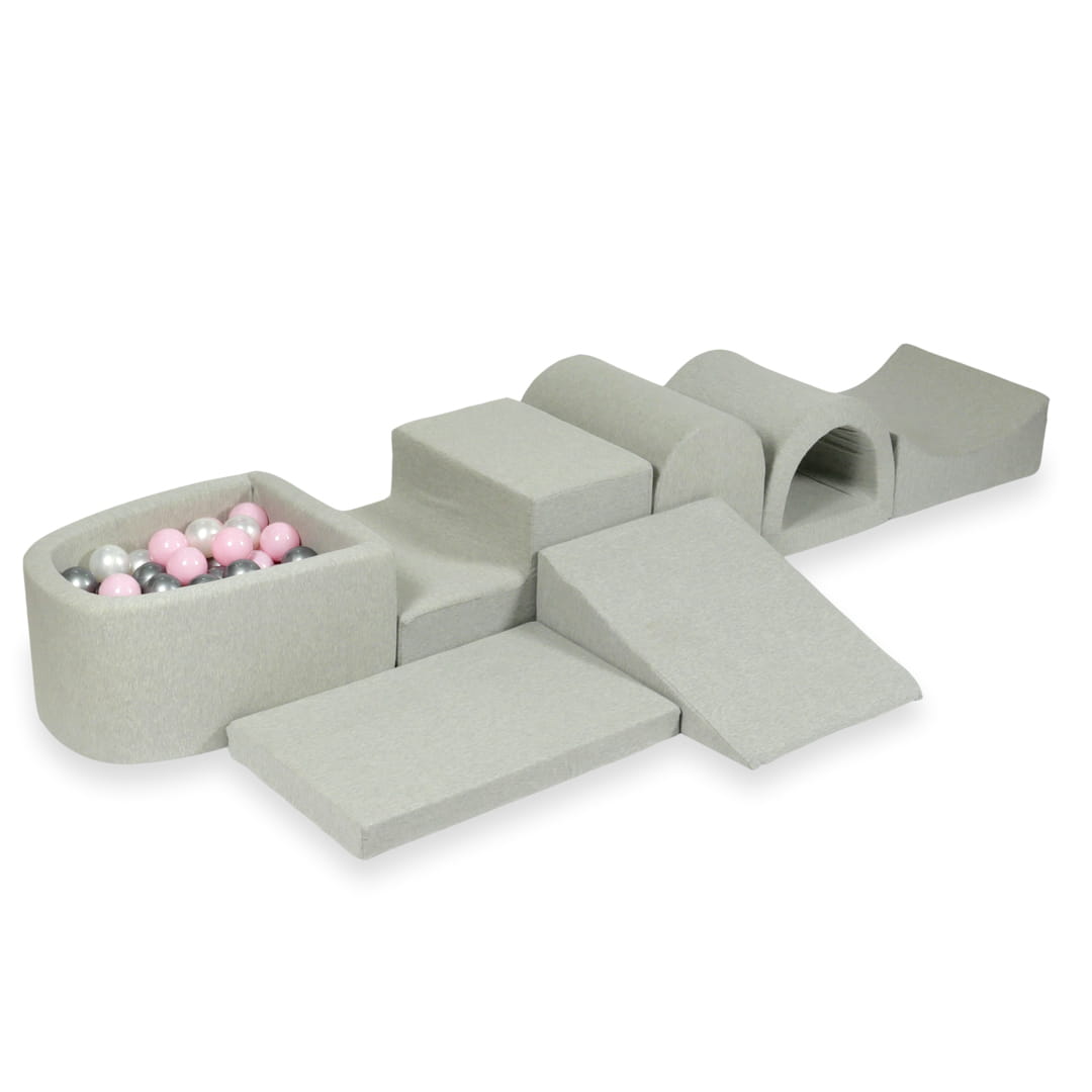 Plus grande aire de jeux en mousse avec piscine micro gris clair + 100 balles (perle, argent, rose clair)