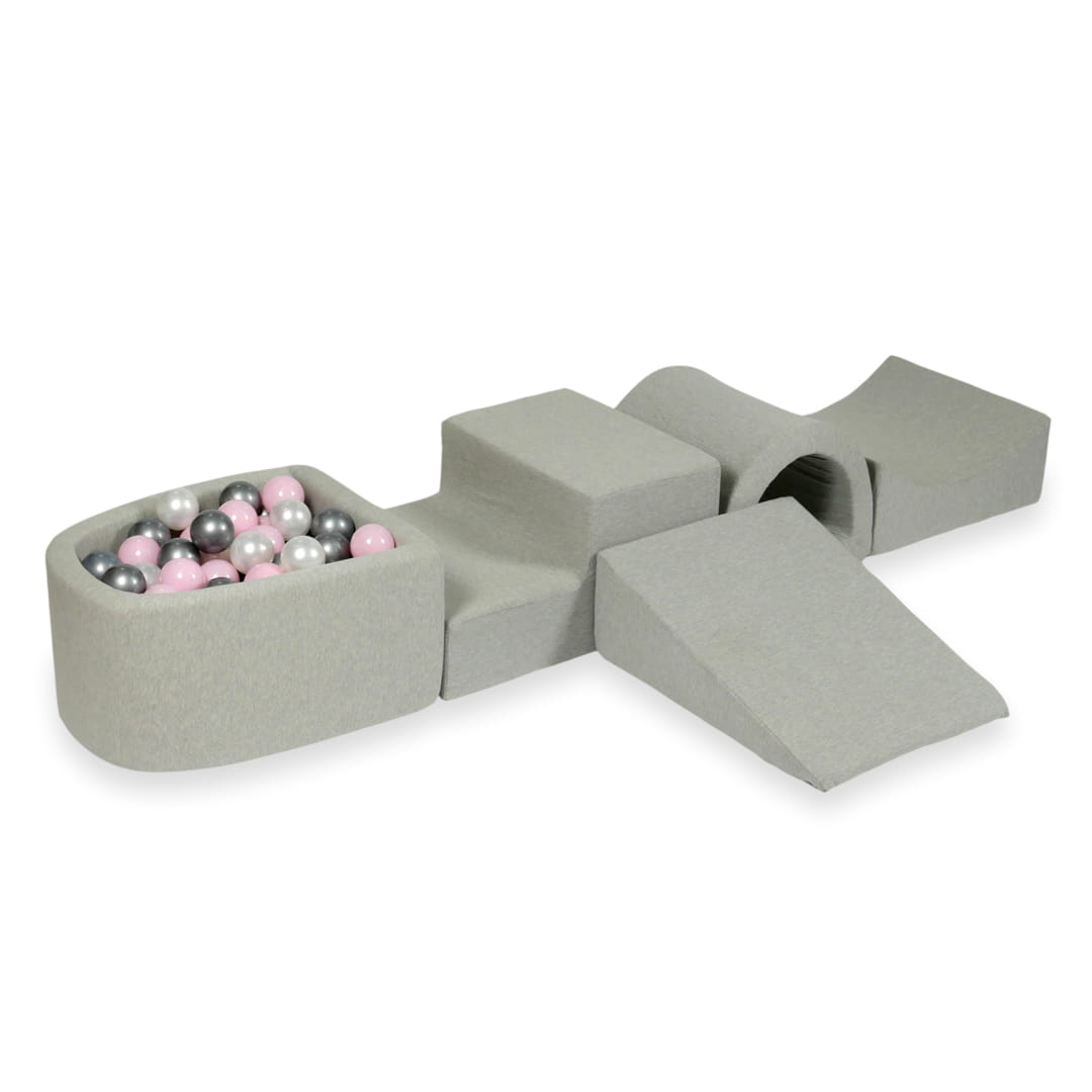 Aire de jeux en mousse avec pont et piscine micro gris clair + 100 balles (perle, argent, rose clair)