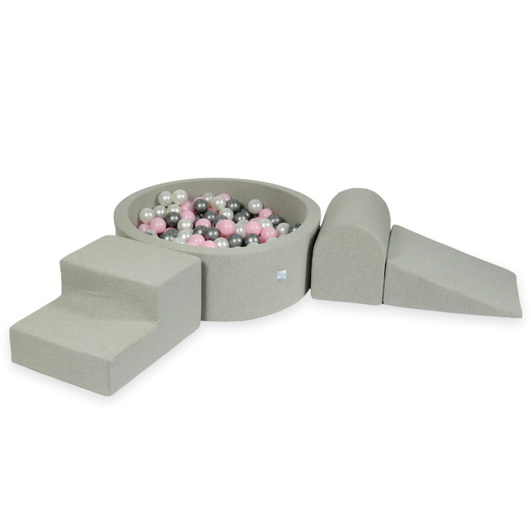 Aire de jeux en mousse avec piscine ronde 90x30 gris clair + 200 balles (perle, argent, rose clair)