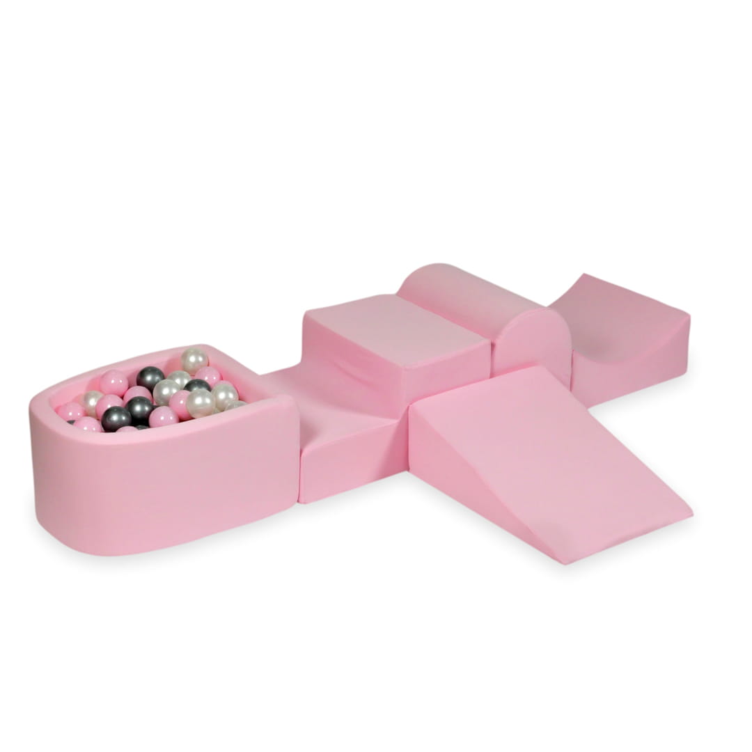 Aire de jeux en mousse avec colline et piscine micro rose poudré + 100 balles (perle, argent, rose clair)