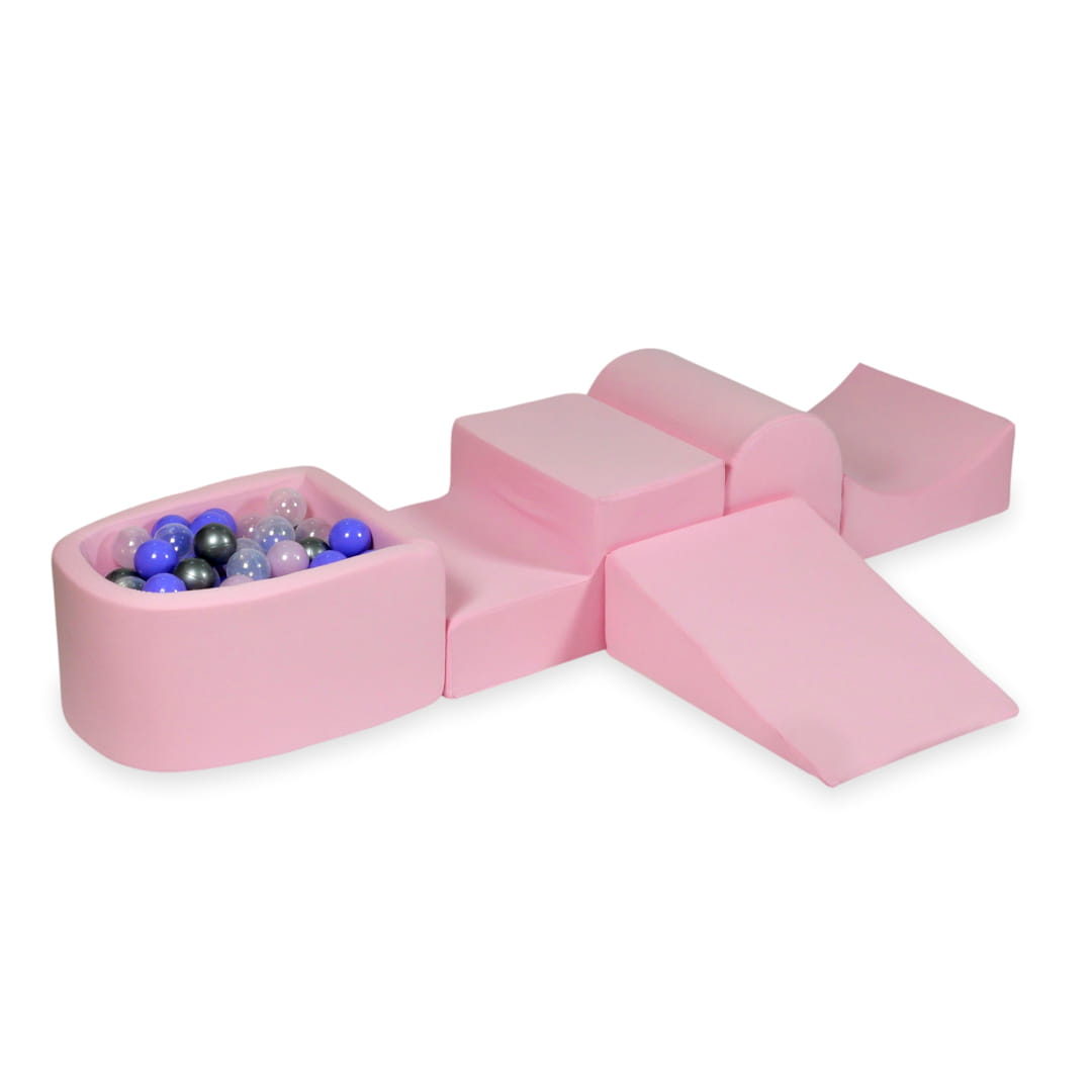 Aire de jeux en mousse avec colline et piscine micro rose poudré + 100 balles (rose perle, argent, transparent, bruyère)