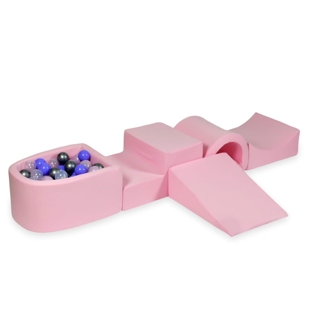 Aire de jeux en mousse avec pont et piscine micro rose poudré + 100 balles (rose perle, argent, transparent, bruyère)