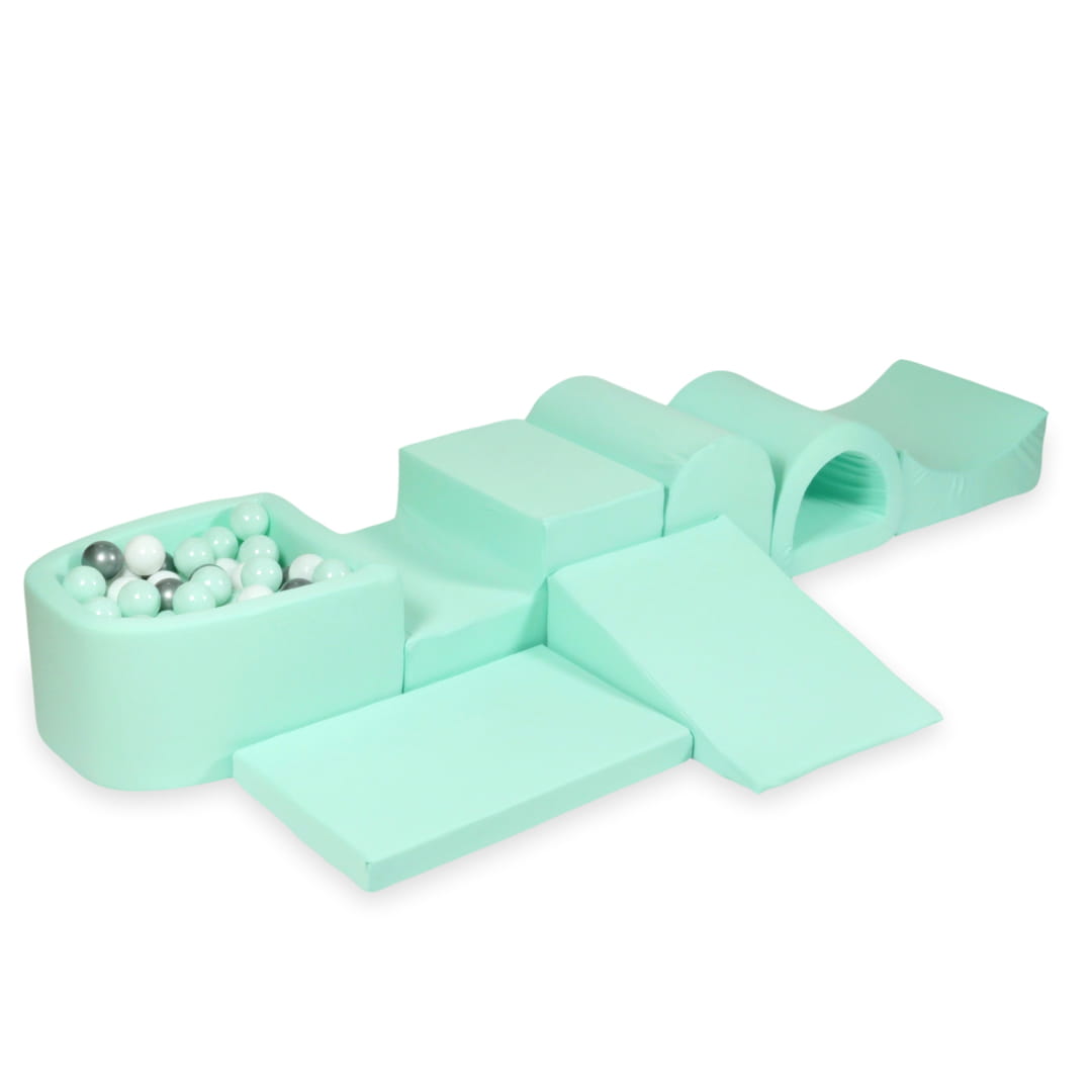 Plus grande aire de jeux en mousse avec piscine micro menthe + 100 balles (menthe claire, blanc, argent)