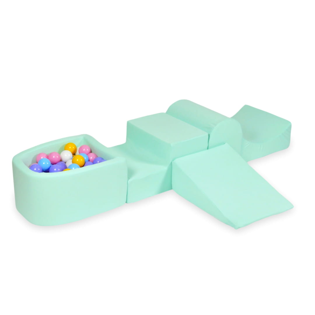 Aire de jeux en mousse avec colline et piscine micro menthe + 100 balles (bleu clair, jaune, bruyère, rose poudre, blanc)