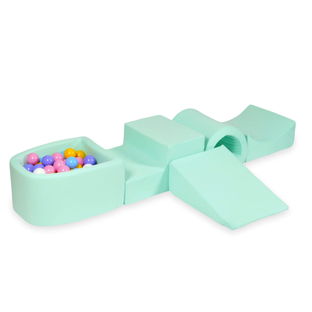 Aire de jeux en mousse avec pont et piscine micro menthe + 100 balles (bleu clair, jaune, bruyère, rose poudre, blanc)