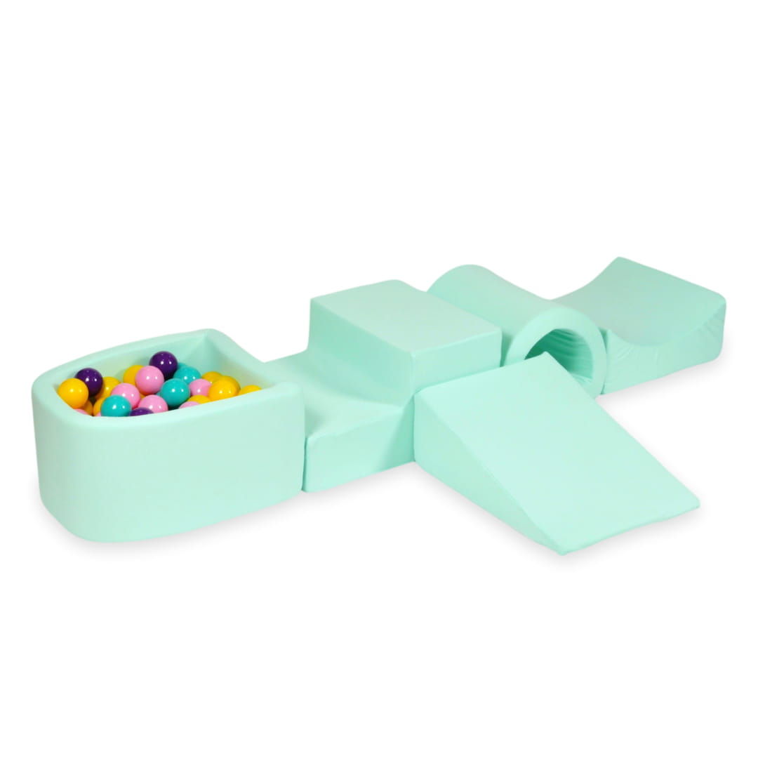 Aire de jeux en mousse avec pont et piscine micro menthe + 100 balles (violet, rose poudré, turquoise, jaune)